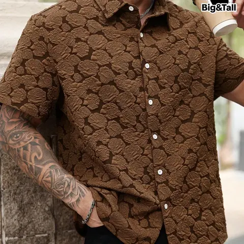 Plus Size Men's Vintage Floral Rose Print Short Sleeve, Regular Fit Casual Soft Collared Shirts Button-Down Top for All Seasons Daily Wear Menswear