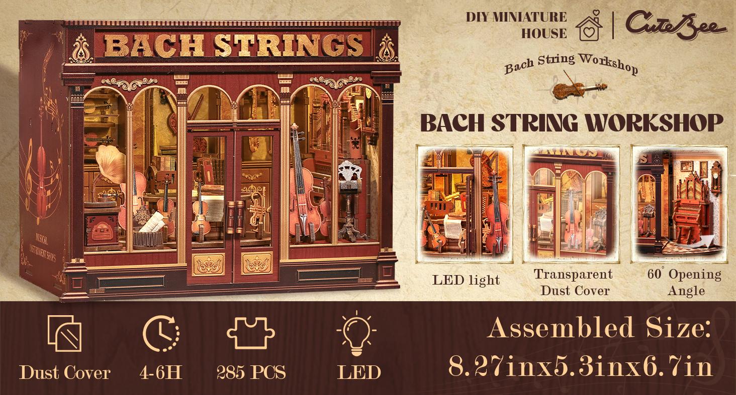 CUTEBEE Bach Strings 3D DIY Book Nook Kit – Miniature House Dollhouse with LED, Handmade for Teens & Adults | Perfect Christmas & Birthday Gift, Bookshelf Decoration