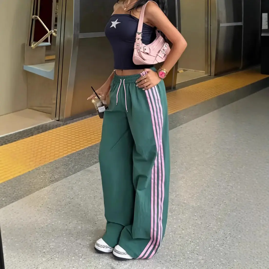 Women’s Green Wide Leg Track Pants, Pink Triple Side Stripe Drawstring Elastic Waist Casual Pants, Lightweight Relaxed Streetwear Trousers with Pockets for Travel, Sport, Weekend & Everyday Wear