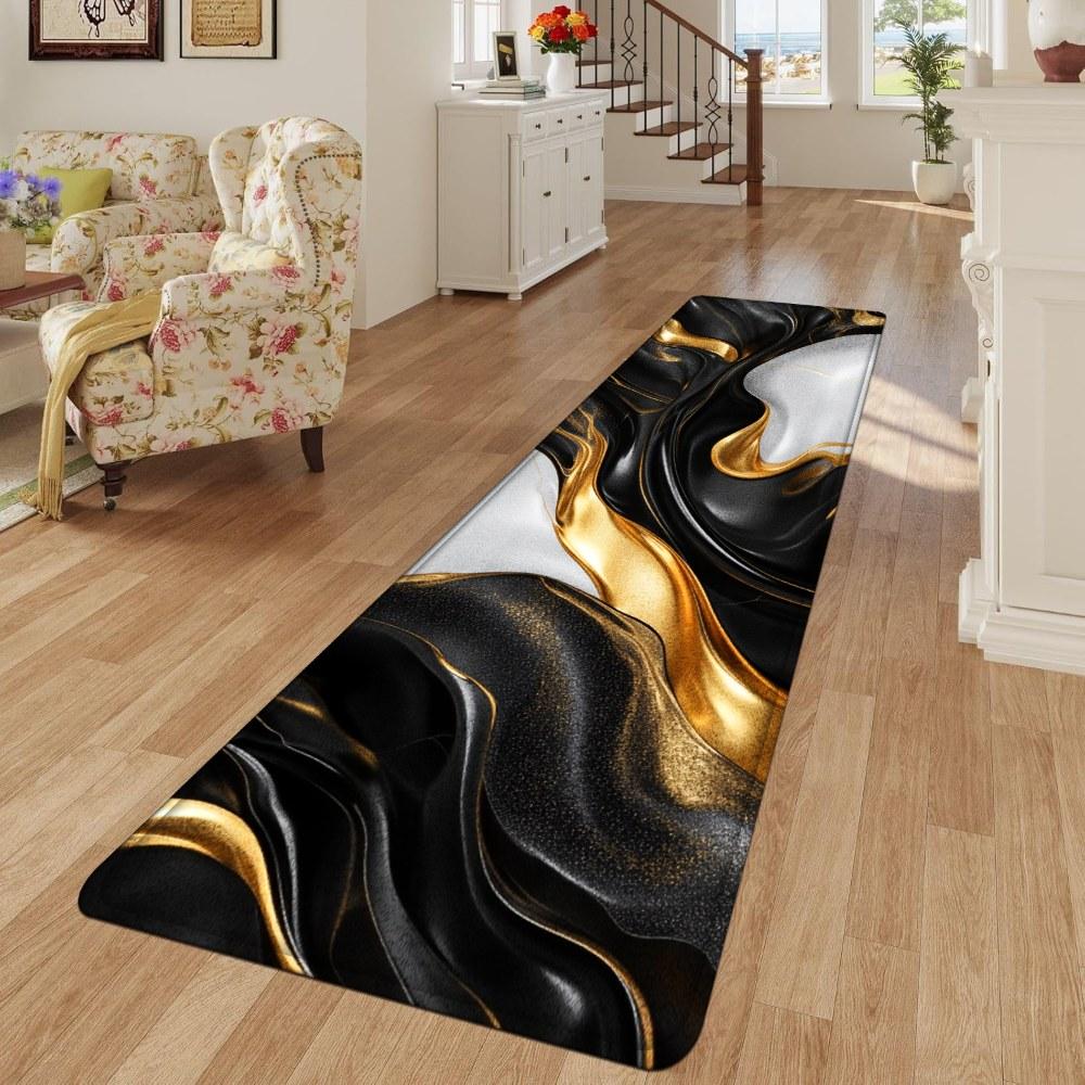 1PC， Black Gold White Fluid Texture Patterned strip rugs, home décor, bathroom mats, entryway mats, bathroom non-slip mats, indoor entrance rugs, bedroom bedside mats, kitchen mats, hallway rugs, flannel sponge rugs, hallway runner rugs