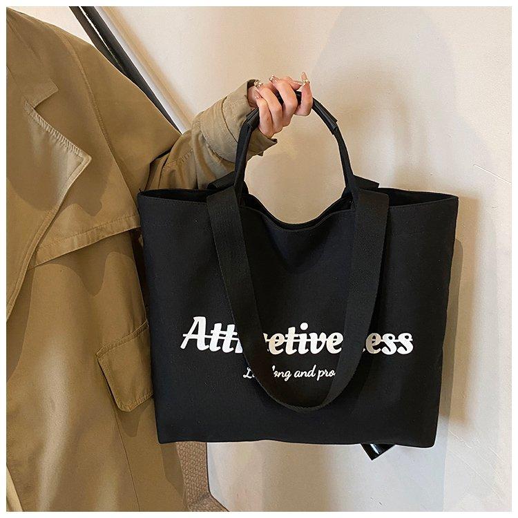 Casual Letter Print Canvas Tote Bag, Large Capacity Commute Shoulder Bag, Lazy Style Handbag, Student School Bag