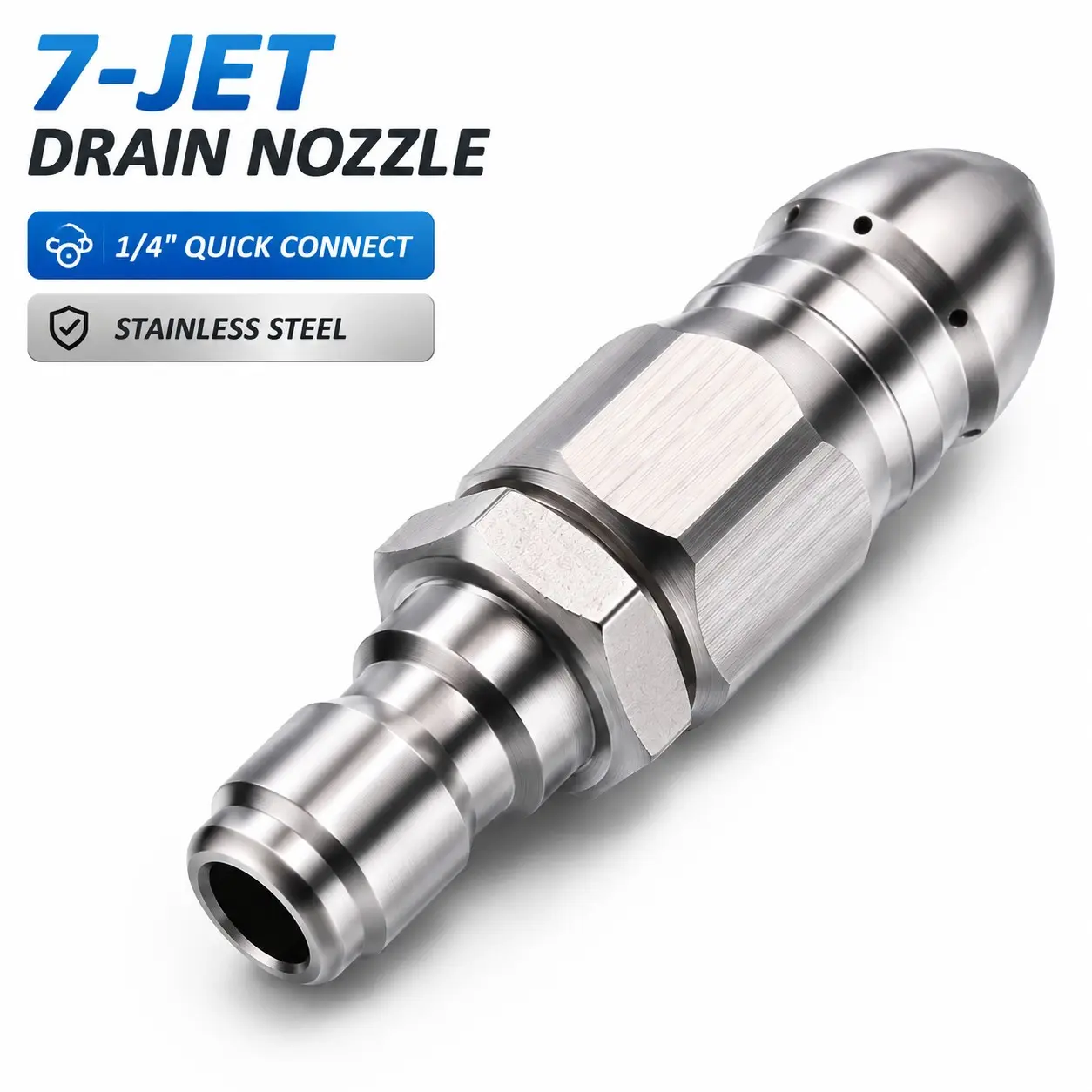1/4 Inch Quick-Connect Sewer Jetting Nozzle, Stainless Steel Drain Cleaning Tip with 1 Forward and 6 Rear Jets for Kitchen, Bathroom and Drain Pipes