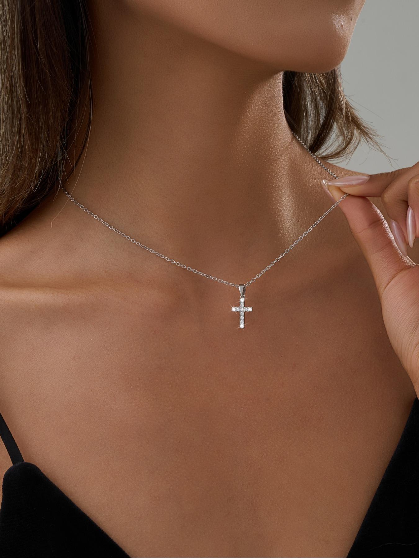 Rhinestone Cross Pendant Necklace For Women For Gift, Coptic Cross Necklace, Clavicle Chain Necklace, Fashion All-match Accessory