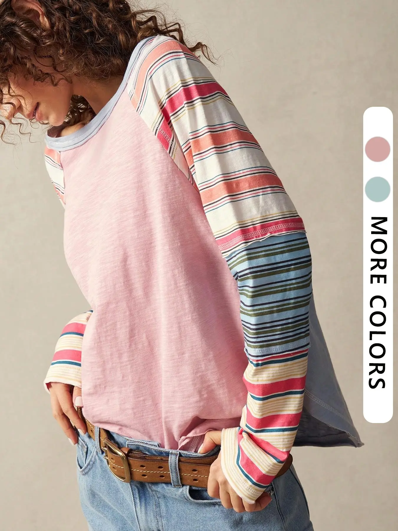 Women's Boho Style Long Sleeve T-Shirt, Patchwork Design, Fitted H-Type Silhouette, Spring & Fall Wear, Multi-Colors Available