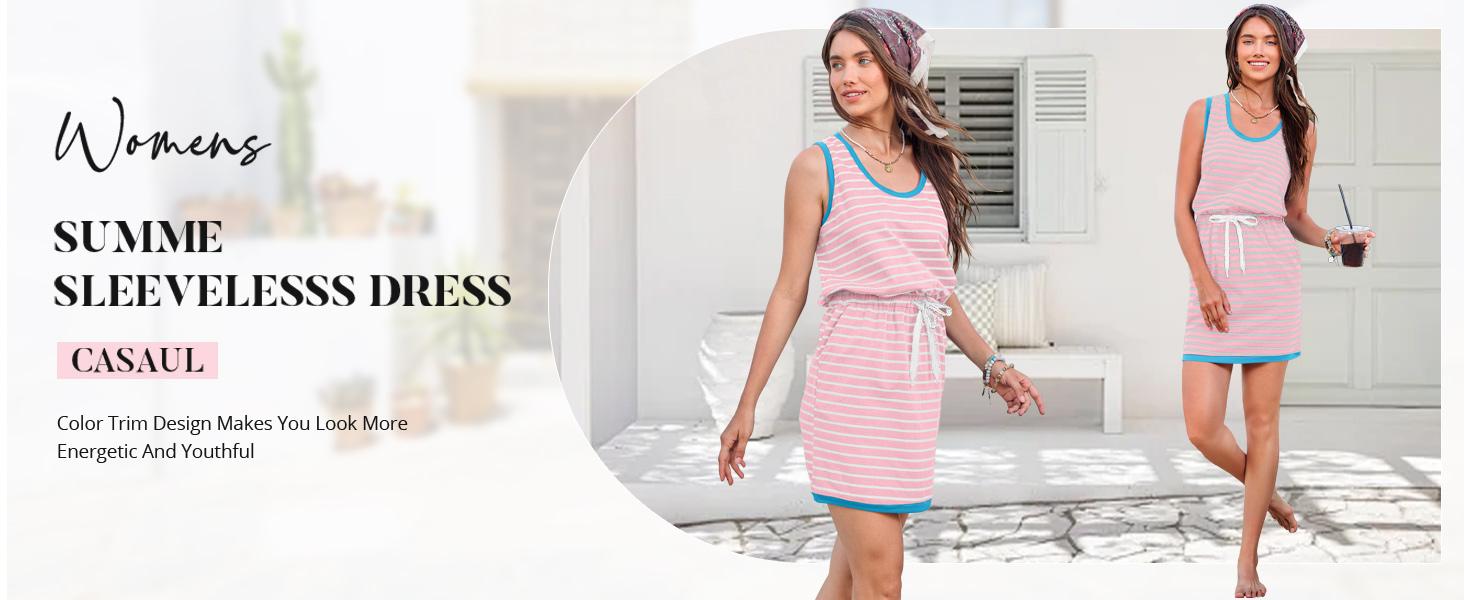 Imily Bela Womens Summer Sleeveless Striped Dress Drawstring Waist Casual Tank Mini Dresses with Pockets Imily Bela Womens Summer Sleeveless Striped Dress Drawstring Waist Casual Tank Mini Dresses with Pockets