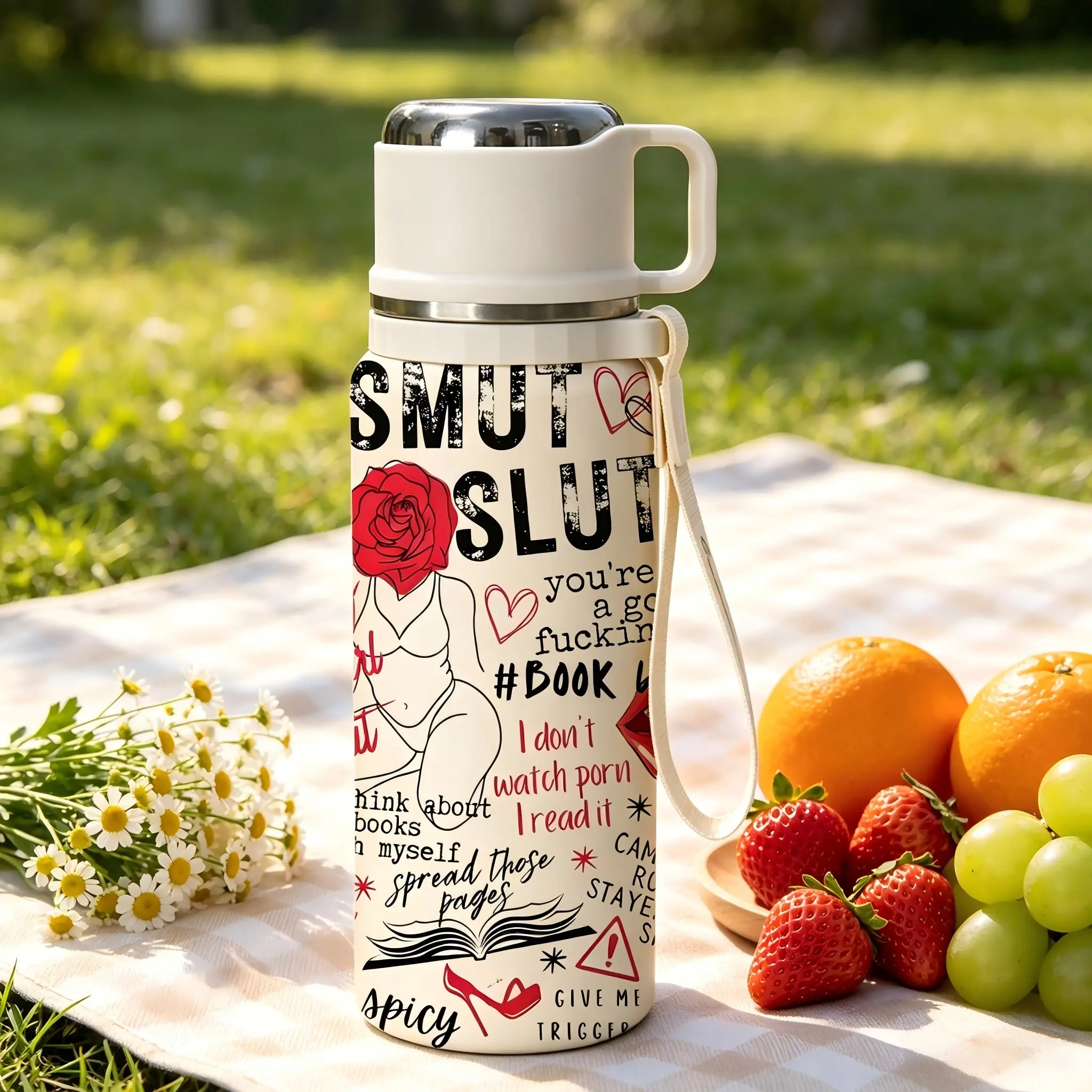 1PC 20oz Book Lover Insulated Water Bottle with Handle, Inspirational Quote Print Stainless Steel Tumbler, Double Wall Vacuum Travel Coffee Mug, Leakproof Reusable Drink Cup, Aesthetic Bottle for School, Office, Gym, Camping, Picnic, Daily Use Gift