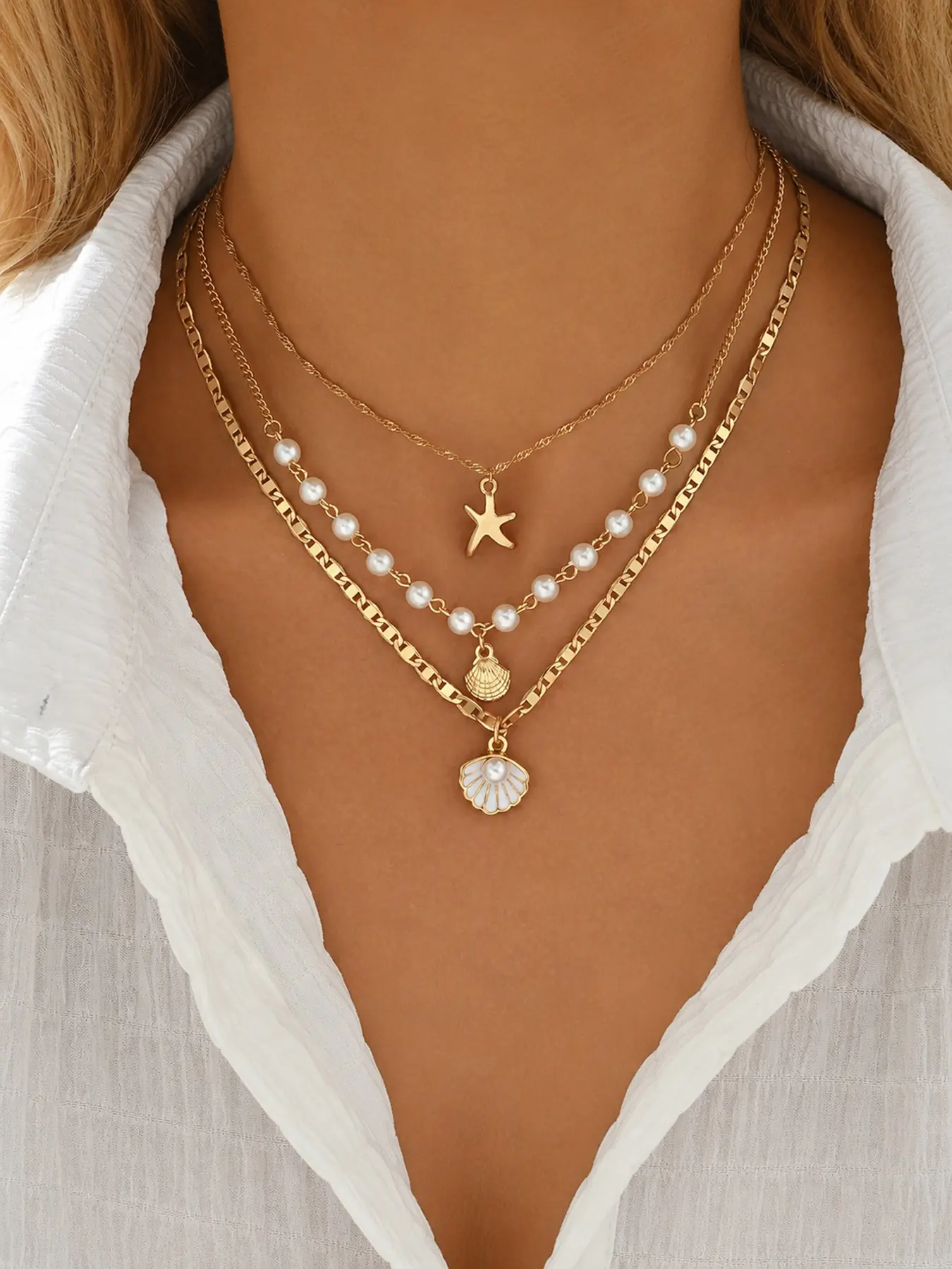 3-Layer Gold Seashell Pearl Necklace for Women, Starfish Enamel Scallop Shell Pendant Layered Choker Flat Link Chain, Summer Beach Vacation Boho Mermaidcore Jewelry
