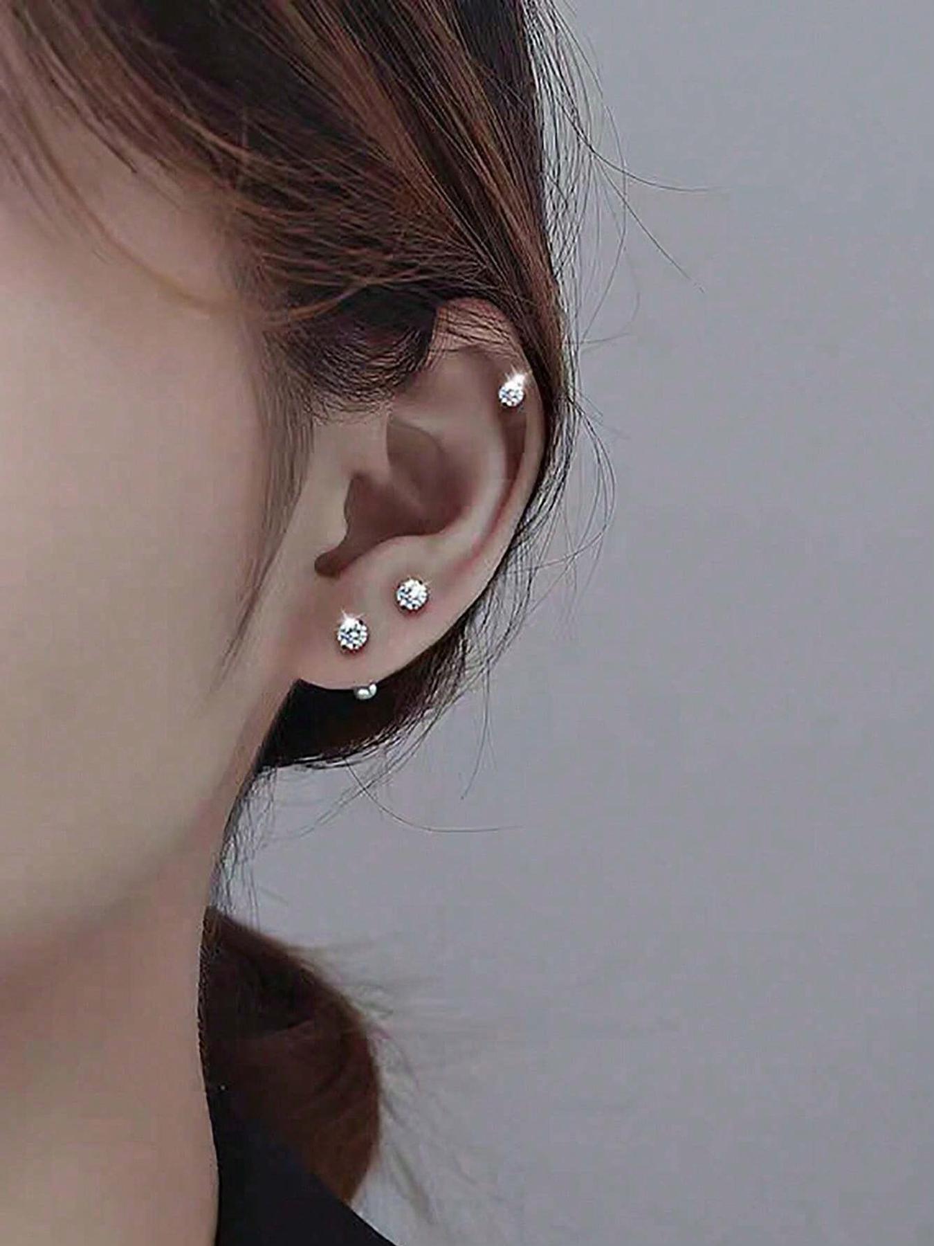 Artificial Zirconia Decorated Earrings Set, Elegant for Women & Girls, Stainless Steel Inlaid Artificial Zirconia Ear Studs, Stud Earrings Jewelry