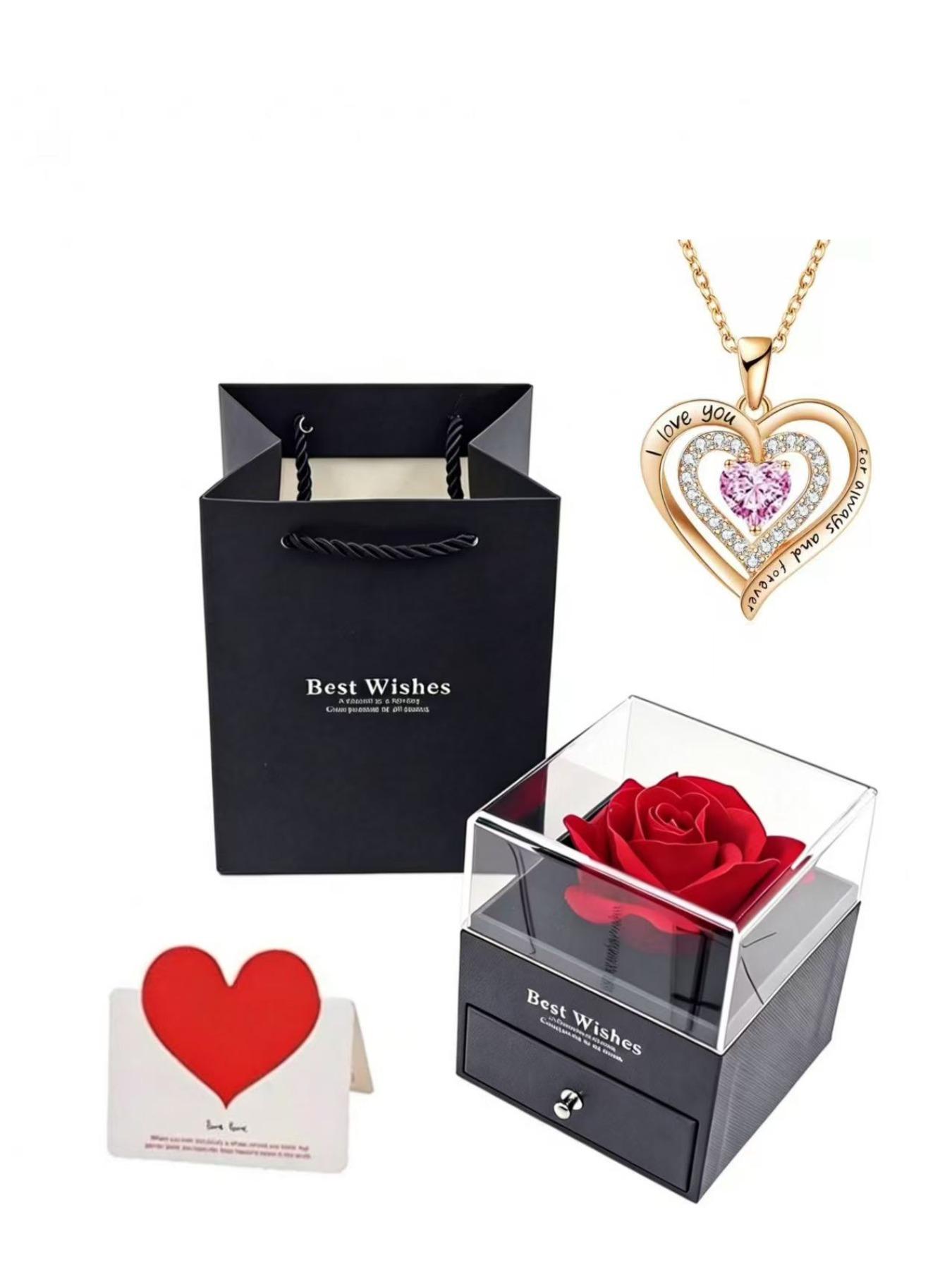 Heart-Shaped Gemstone Necklace Rose Flower Gift Box, Valentine's Day Gift for Girlfriend, Mother's Day Gift for Mom, Love Expression Gift