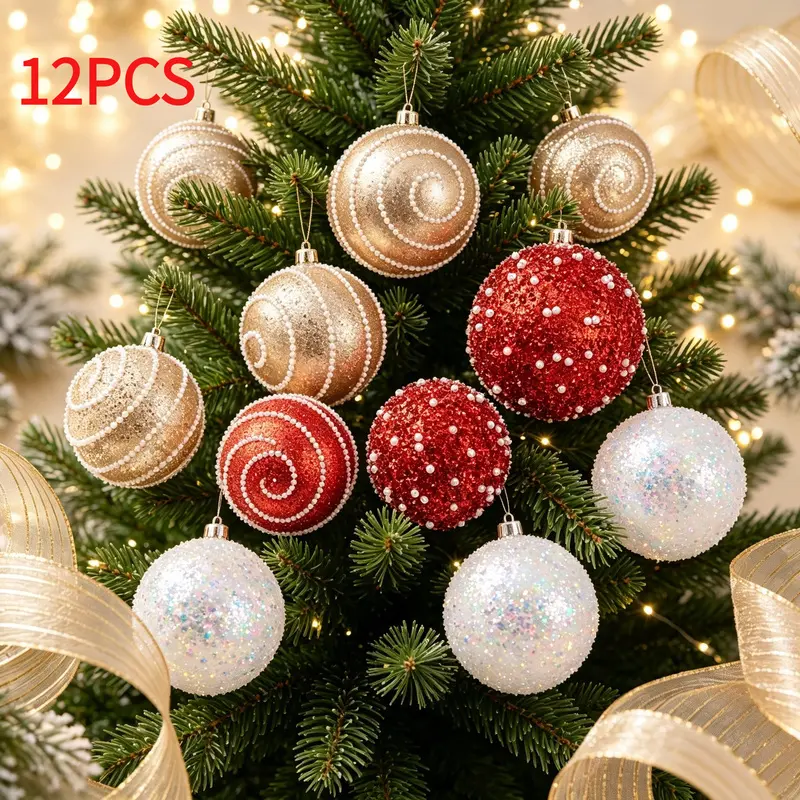 12 pieces of Christmas ball ornaments 6cm sequined pearl Christmas tree decorative balls shatter-proof Christmas hanging balls home decoration for holiday parties
