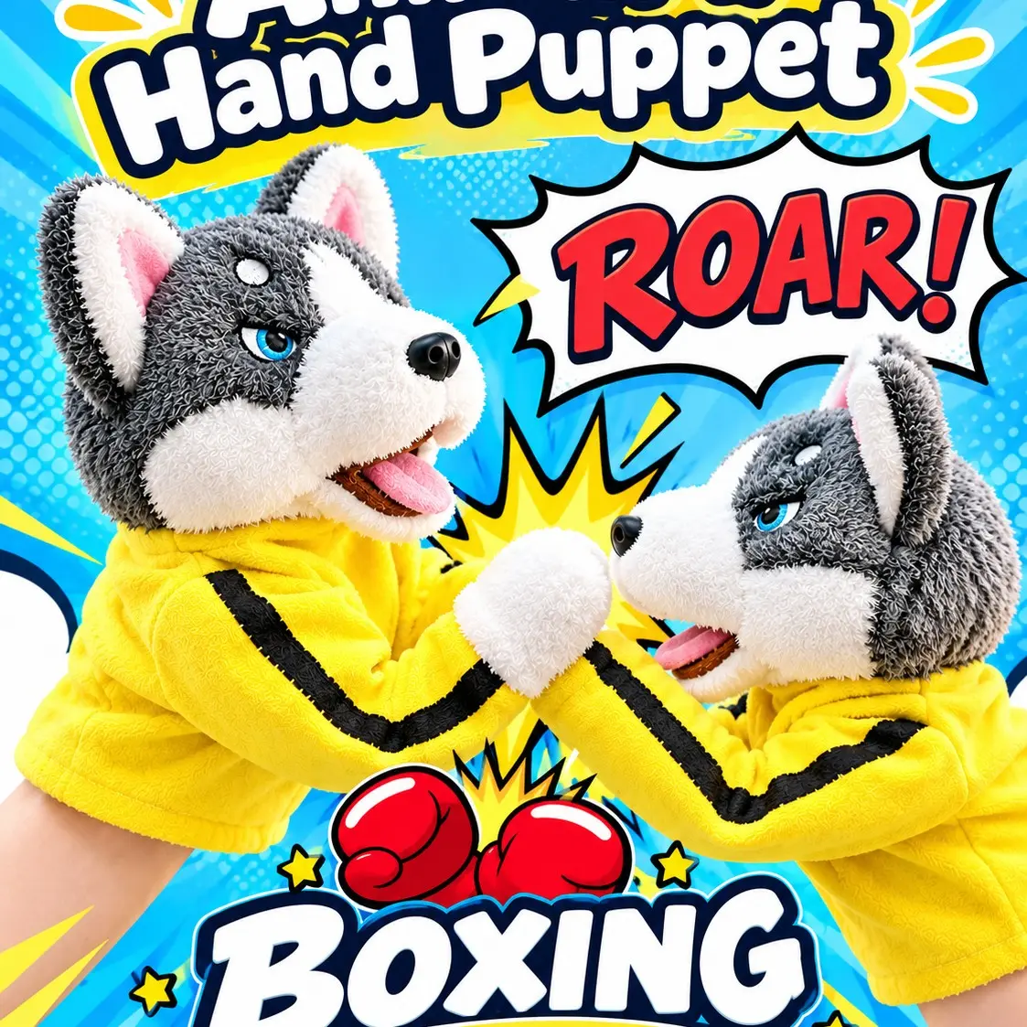 Interactive Siberian Husky Plush Hand Puppet with Sound Effects, Fun Boxing Dog Glove Toy, Perfect Gift for Kids