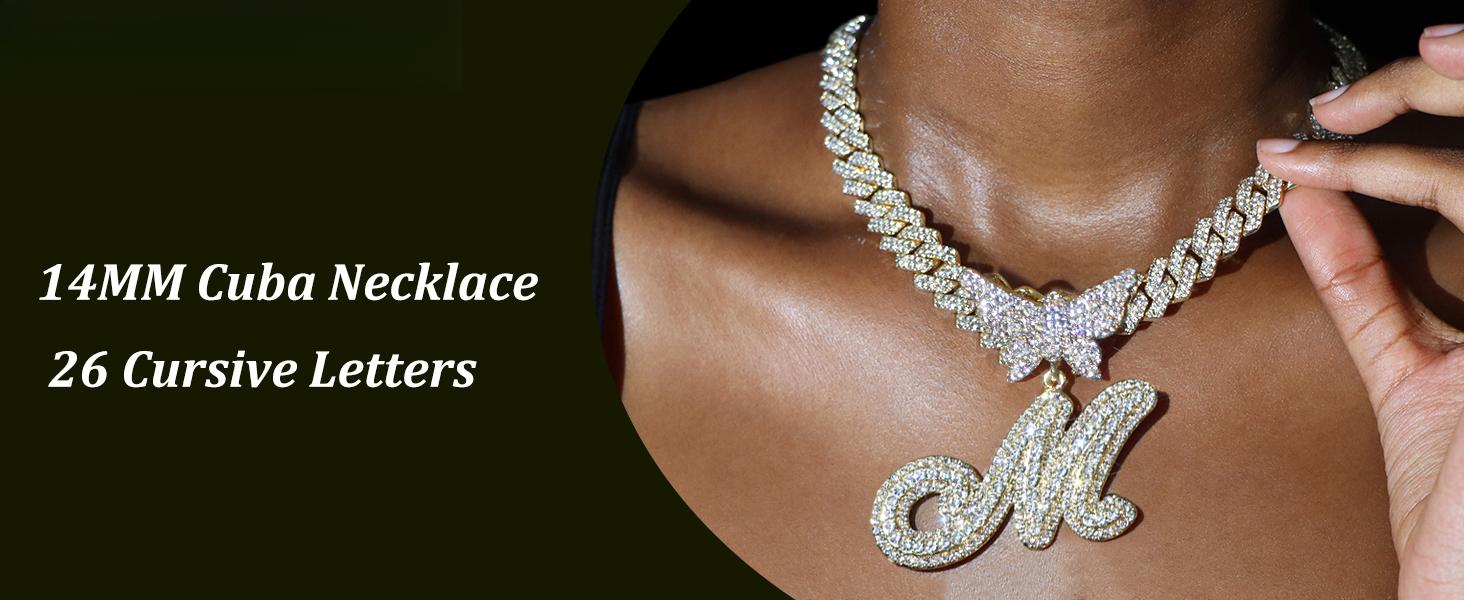 Cuban Link Chain for Women Cursive Silver Initial 14MM Diamond Prong Cuban Chain Hip Hop Iced Out Chain Necklace Butterfly Initial Letter Name Necklaces for Women