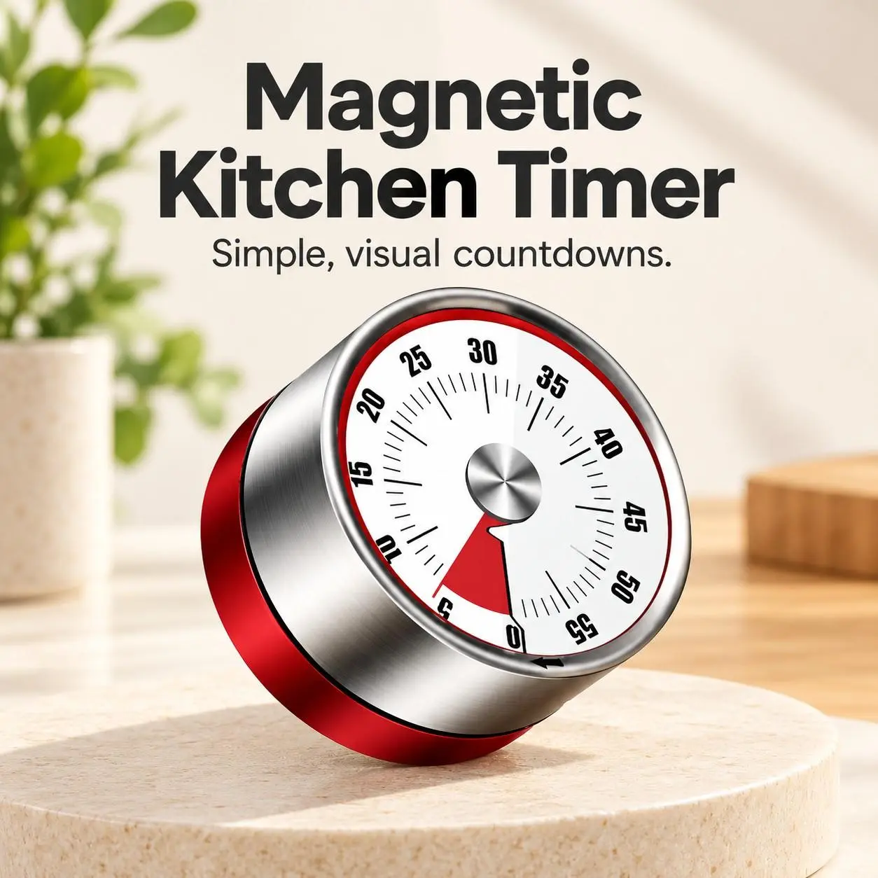 Red Magnetic Kitchen Timer, Mechanical Wind-Up Timer with Visual Countdown, No Batteries Needed, for Cooking & Baking