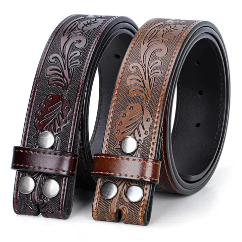 Unisex 2-Pack Cow Hide Tooled Leather Buckle-Free Replacement Straps - Artisan Engraved, All Year Round Western Casual Belt Replacements for Jeans
