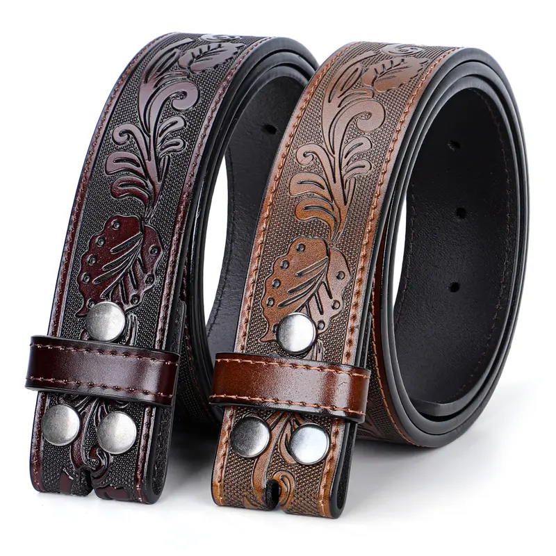 Unisex 2-Pack Cow Hide Tooled Leather Buckle-Free Replacement Straps - Artisan Engraved, All Year Round Western Casual Belt Replacements for Jeans