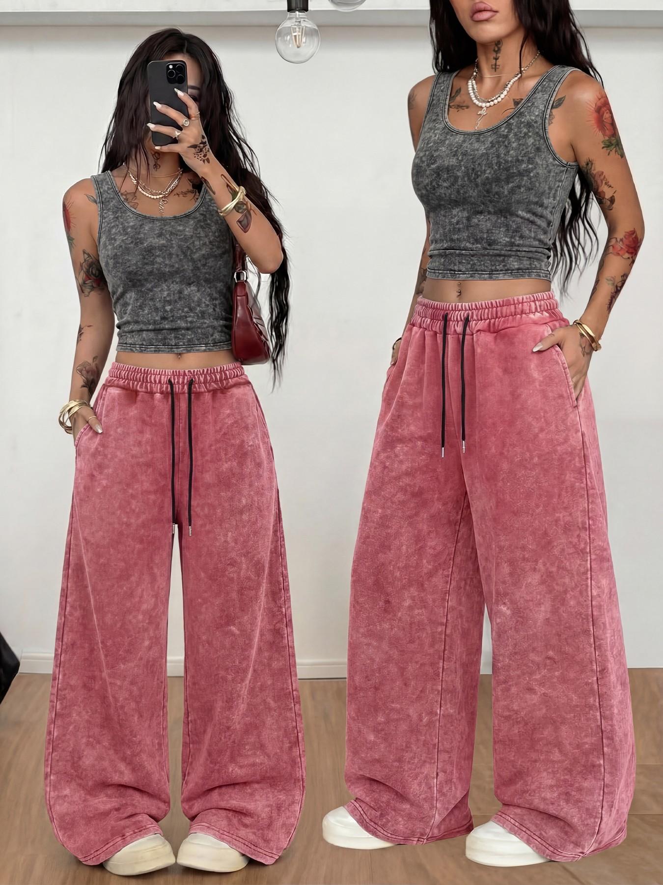 Distressed-wash sleeveless tank top and wide-leg trousers set Summer Outfit Set (3 colors available) for Women. American street style, Chic, Casual: a fitted U-neck tank paired with floor-length, draped trousers, Womenswear