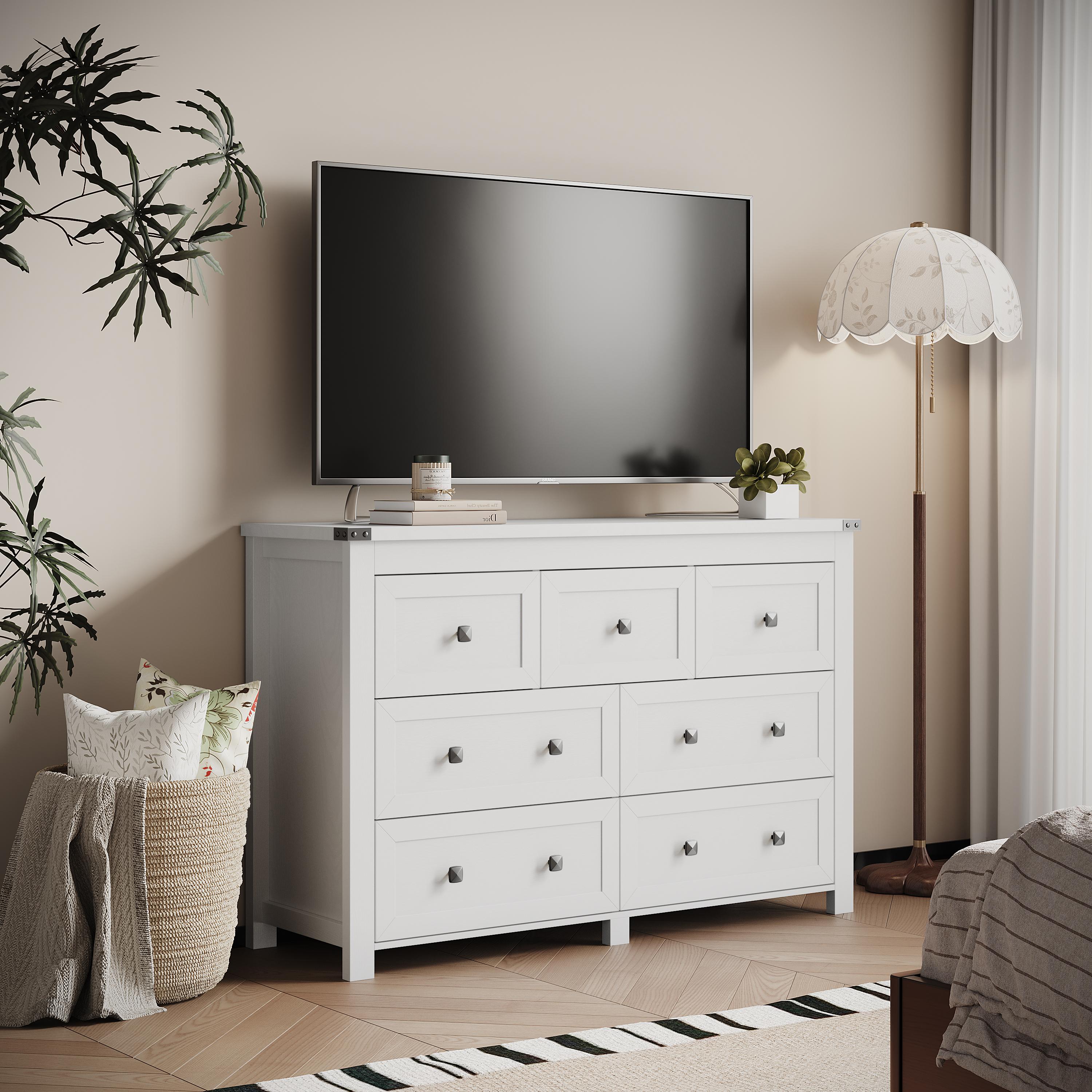 Bedroom Dresser,Farmhouse wooden drawer cabinet with 7 drawers, wide TV stand with metal handles for storage furniture, modern clothing organizer for hallway, living room, entrance, brown Bedroom Dresser,Farmhouse wooden drawer cabinet with 7 drawers, wide TV stand with metal handles for storage furniture, modern clothing organizer for hallway, living room, entrance, brown