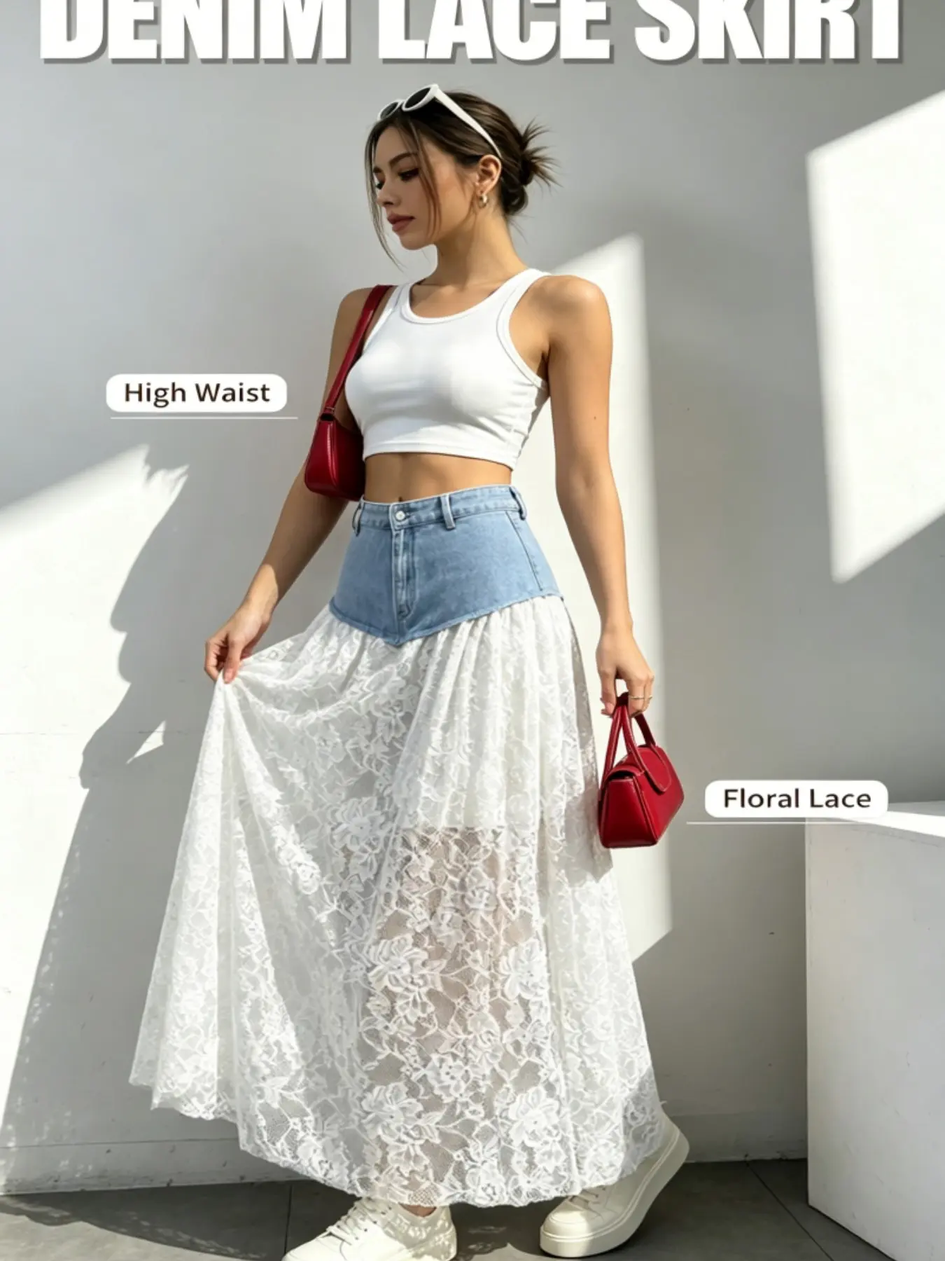 Y2K High Waist Floral Lace Midi Skirt, Feminine Irregular Denim Waistband, Sheer Lace Patchwork with Raw Edge Denim, Cute Swing Skirt for Women