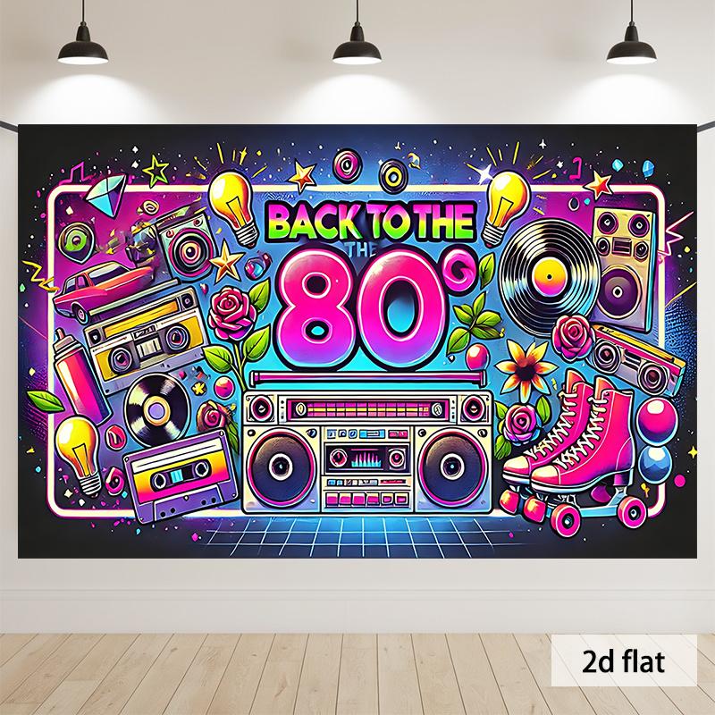 1pc Back to the 80s Retro Collage Party Banner - Vibrant  Polyester Background with Boombox, Cassette & Roller Skate Design for Birthdays, Weddings, Photo Studio Props, Home Decor, Event Decoration, Nostalgic Theme, Flat Lay Style, 2D Flat