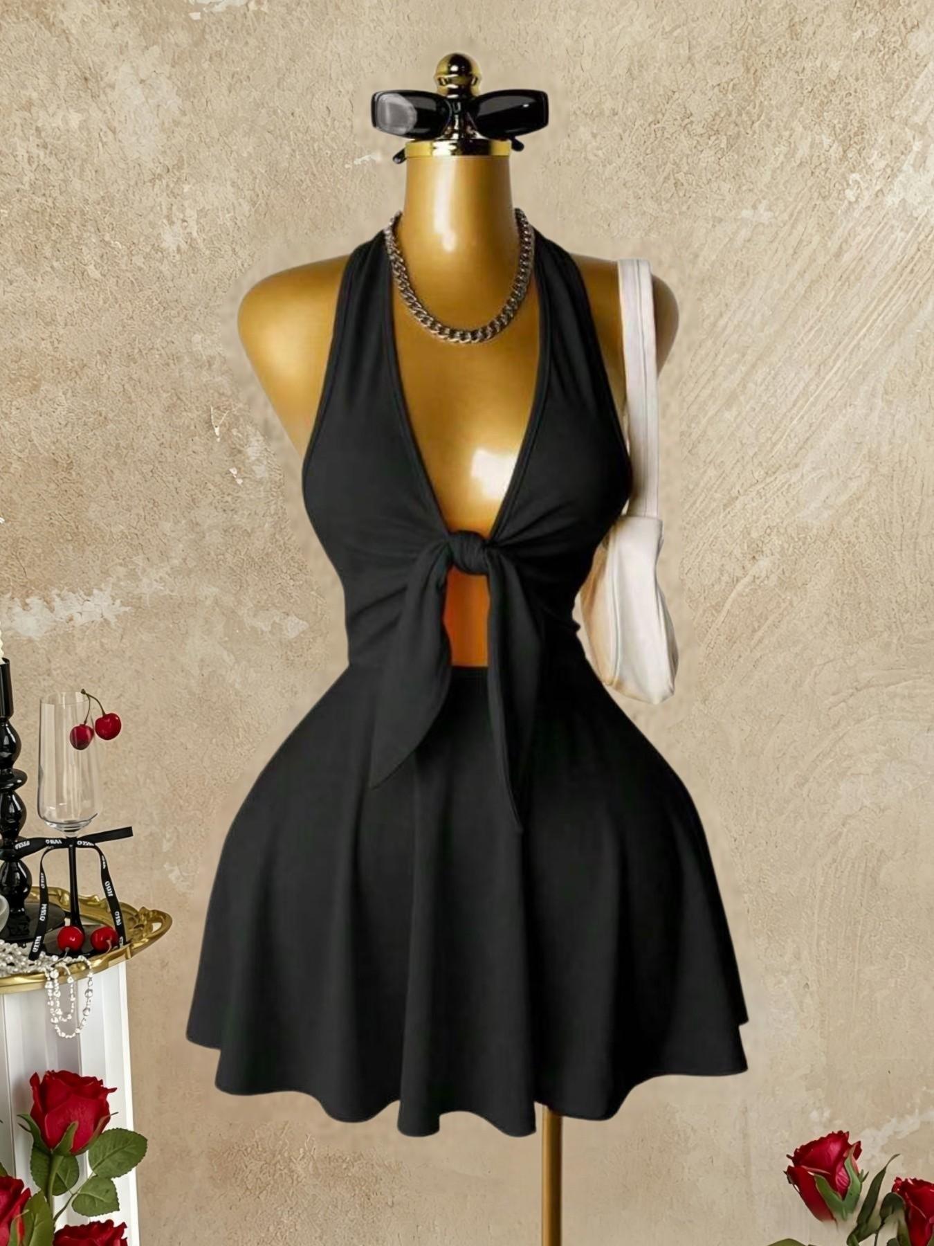 Sexy Halter Deep V Neck Hollow Out A-Line Dress, Summer Streetwear Short Dress, Trendy Single Piece, Graphic, Perfect for Casual, Chic Casual Outfits