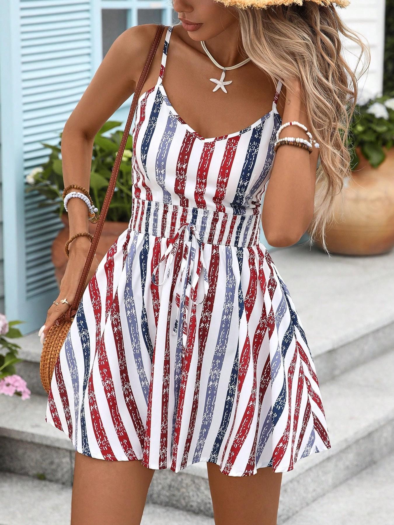 American Independence Day Themed Striped Romper, High Waist Wide-Leg Bohemian Casual Romper with Pockets for Beach and Parties, Sleeveless V-Neck Tie Front Cami Jumpsuit, Womenswear