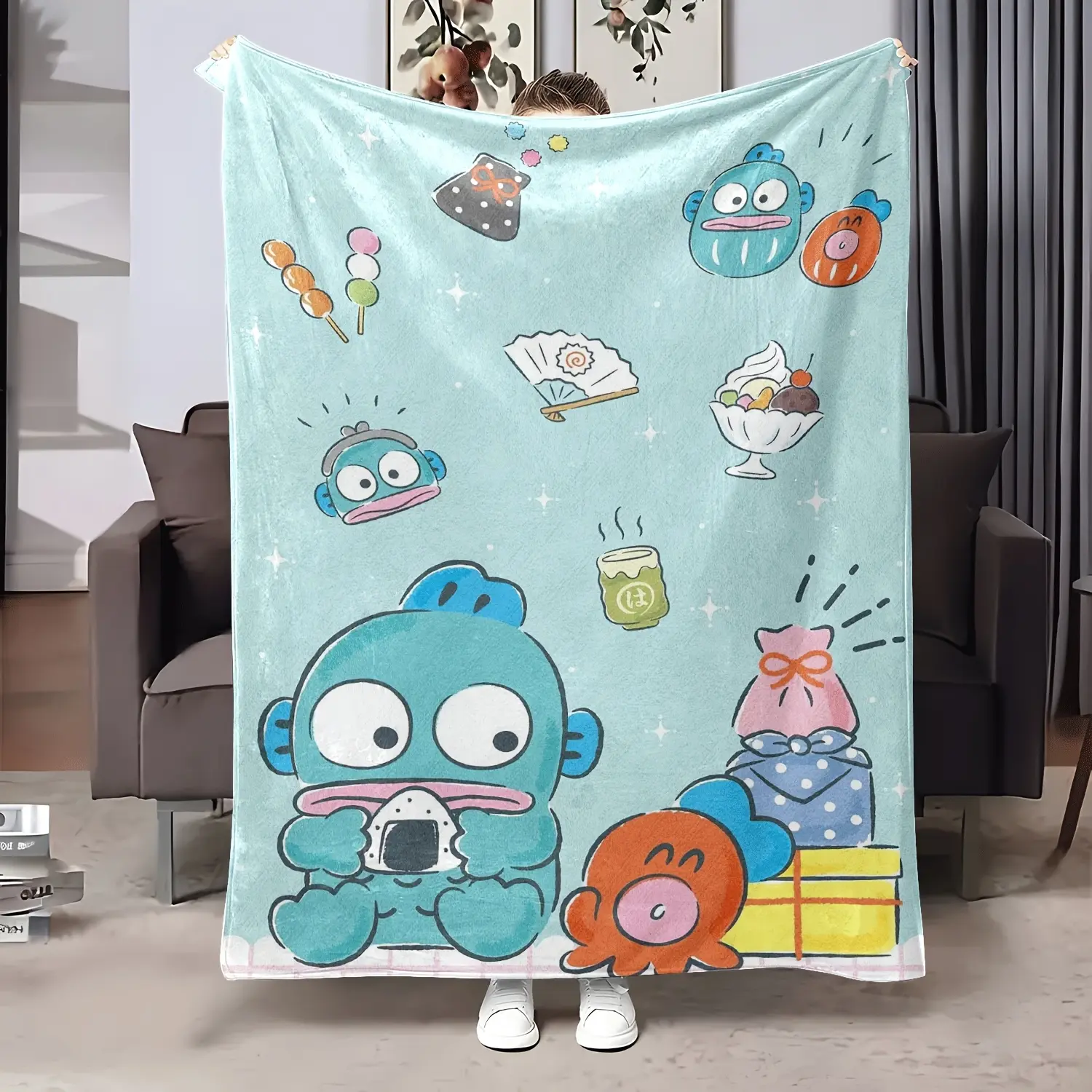 Hangyodon Japanese Dessert Flannel Throw Blanket - Mint Light Blue, Dango, Matcha Ice Cream, Octopus Cartoon - Soft Warm Kawaii Aesthetic Blanket for Sanrio Fans, Whimsical Home Decor for Room, House Use, Cartoon Print, Pure Cotton