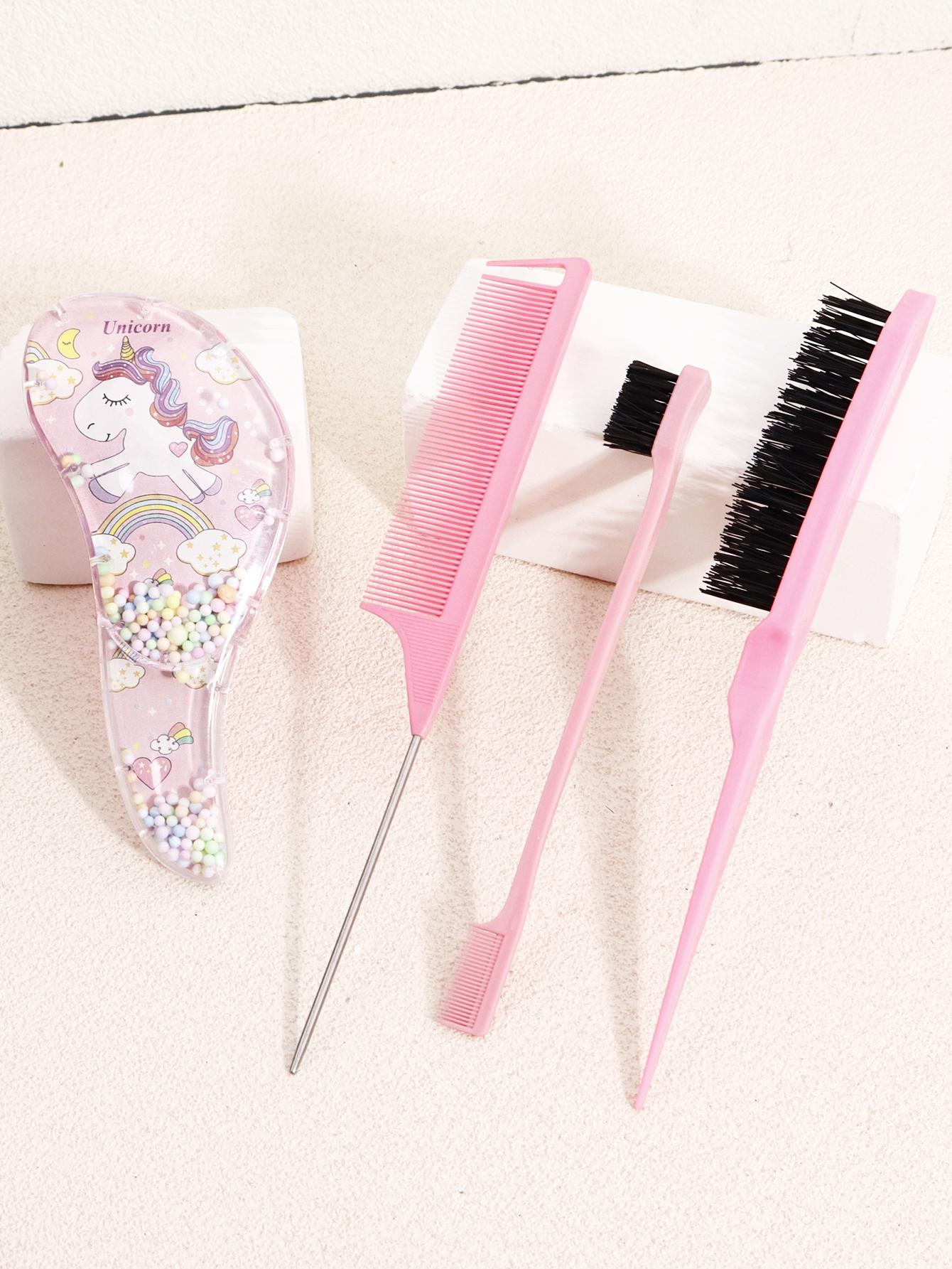 4-Piece Hair Styling Set, Cartoon Sand Cushion Massage Comb, Nylon Brush, Tail Comb, Edge Control Brush, Durable Abs Handle