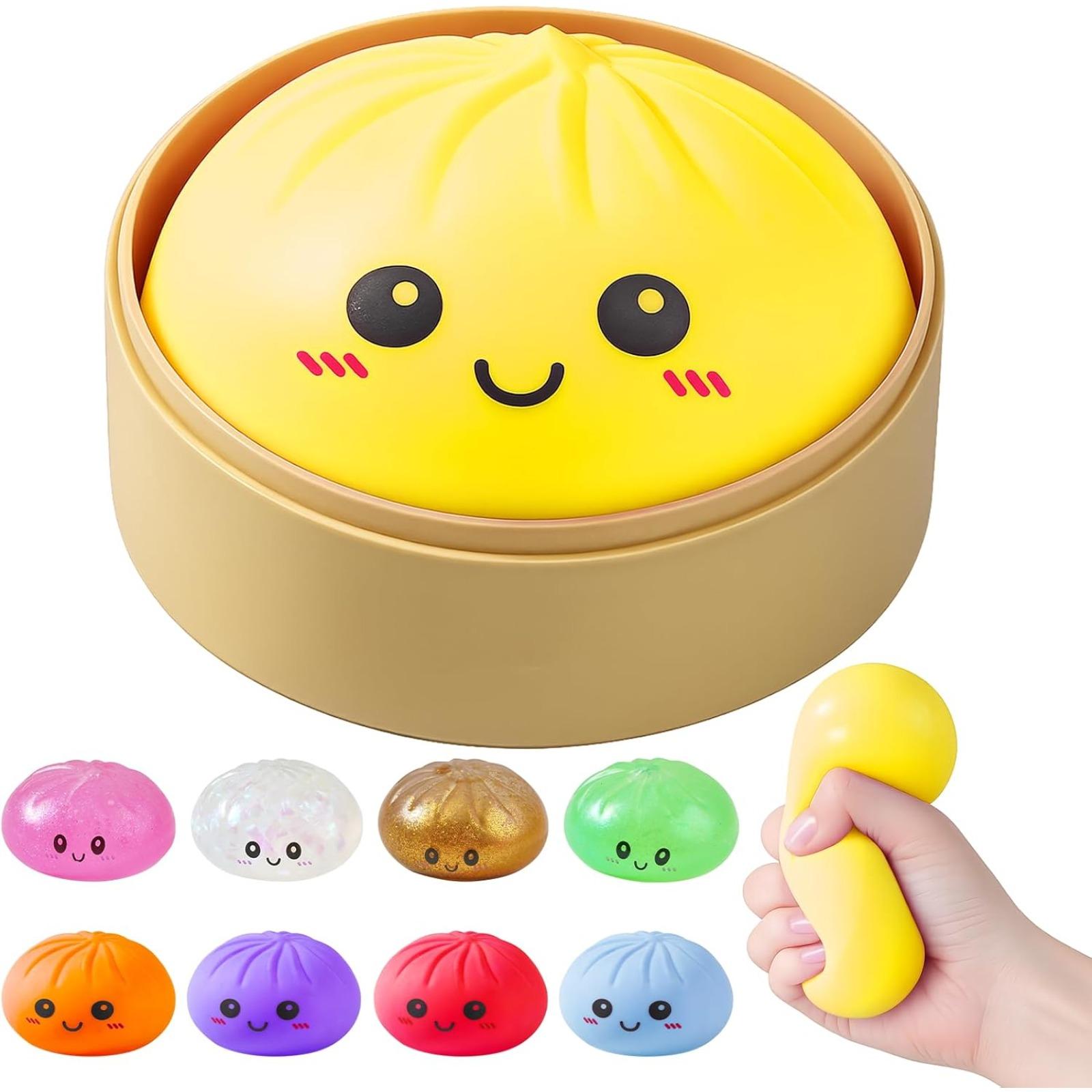 Dumpling Squishies, Glitter Dumpling Mystery Box, Colorful Dumplings Stress Balls Fidget Sensory Toy, Stocking Stuffers with Food Steamer Stretchy Desk Toys (Blue)