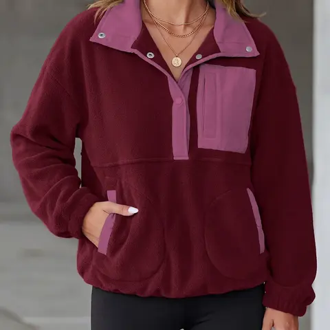 Women's Patchwork Print Half Button Pocket Fuzzy Sweatshirt, Casual Drop Shoulder Long Sleeve Stand Collar Pullover for Fall & Winter, Women's Clothes for Daily Wear, Casual Sweatshirts