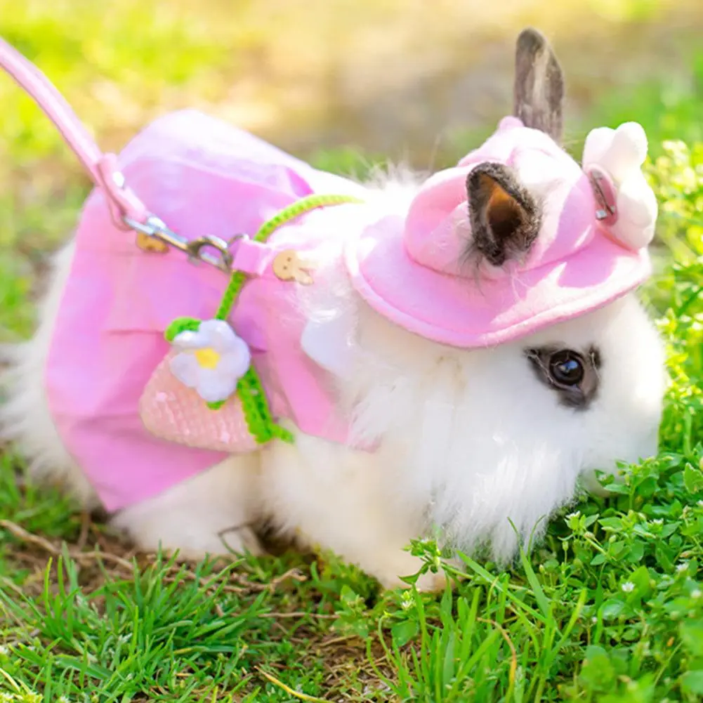 Cute Rabbit Pet Vest Accessories Outdoor Rabbit Clothes with Pouch Hat Harness Guinea Pig Clothes