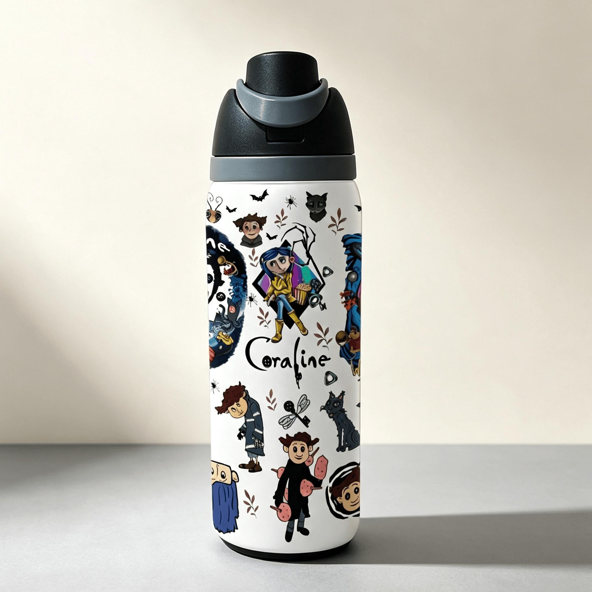 1pc 32oz Coraline Cartoon Insulated Water Bottle, Double‑Wall Stainless Steel Portable Travel Tumbler, Horror Animation Character Print, Flip Spout Lid, Leak‑Proof Reusable Cup, For Daily School Outdoor, Animation Fan Collectible Gift
