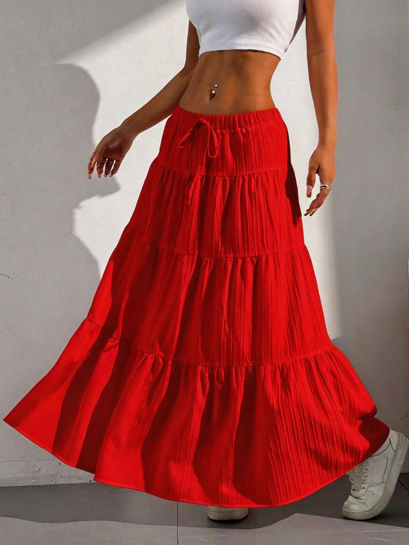 Women's Solid Color Tie Front Skirt, Boho Fashion Casual Long Skirt for Daily Wear, Holidays and Vacations, Summer Ladies Bottoms