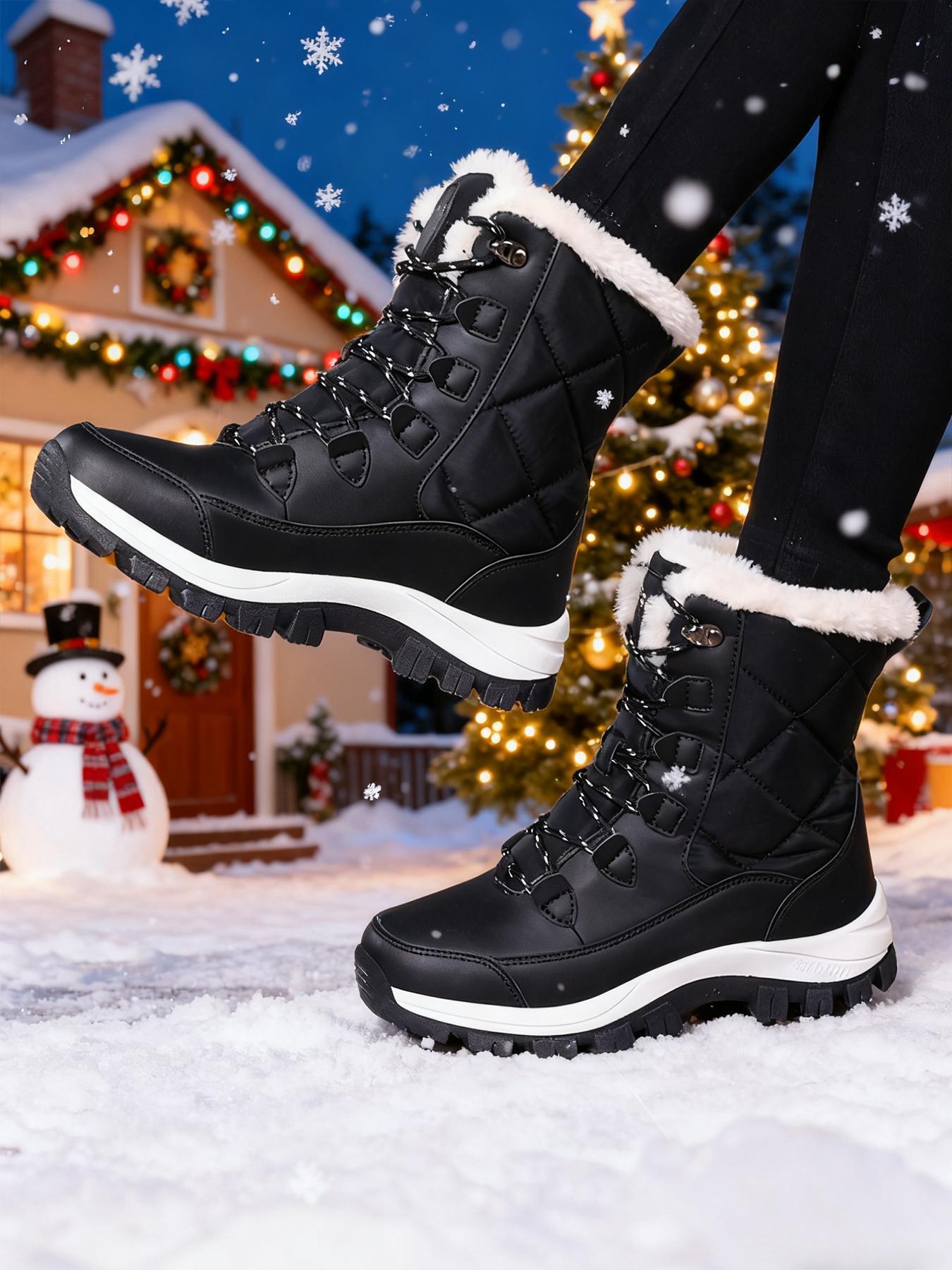 Women's High-Top Lace-Up Hiking Boots, Trekking Shoes, Durable Outdoor Snow Boots with Fleece Lining, Fashionable and Comfortable for Daily Wear and Outdoor Activities, Christmas Gift, Casual Hiking Shoes