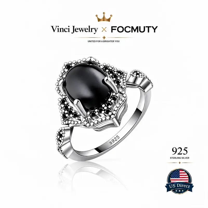 FOCMUTY 925 sterling silver, Vintage Gothic Black Onyx Sterling Silver Ring, Oval Big Stone Pave Band, Dark Grunge Witchy Statement Jewelry, Ideal for Party, Dating & Goth Outfit Match, Gift for Women Emo Alt Girls Punk Lovers Fine Finger Ring US Shipping