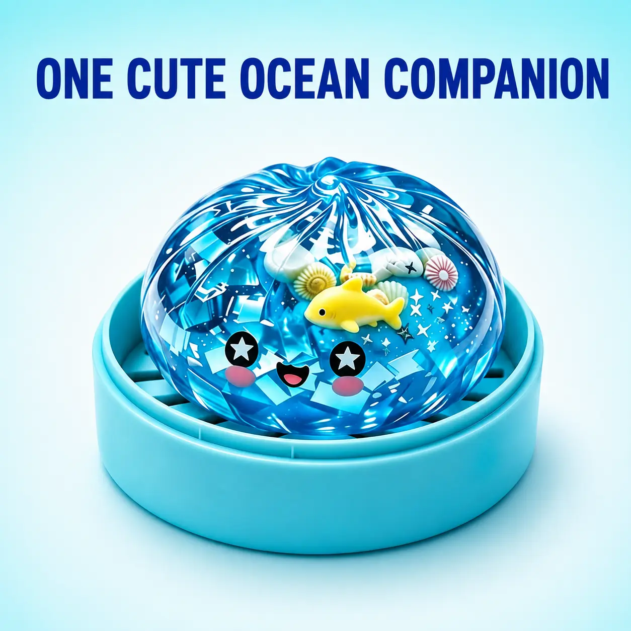 Ocean Theme Plastic Deep Sea Crystal Cabin Dumpling Squishies Toy - Blue Sensory Squeeze Unisex Fidget Toy with Yellow Fish, Seashells, Aqua Steamer Base, Kawaii Stress Ball Gift groovy fruit