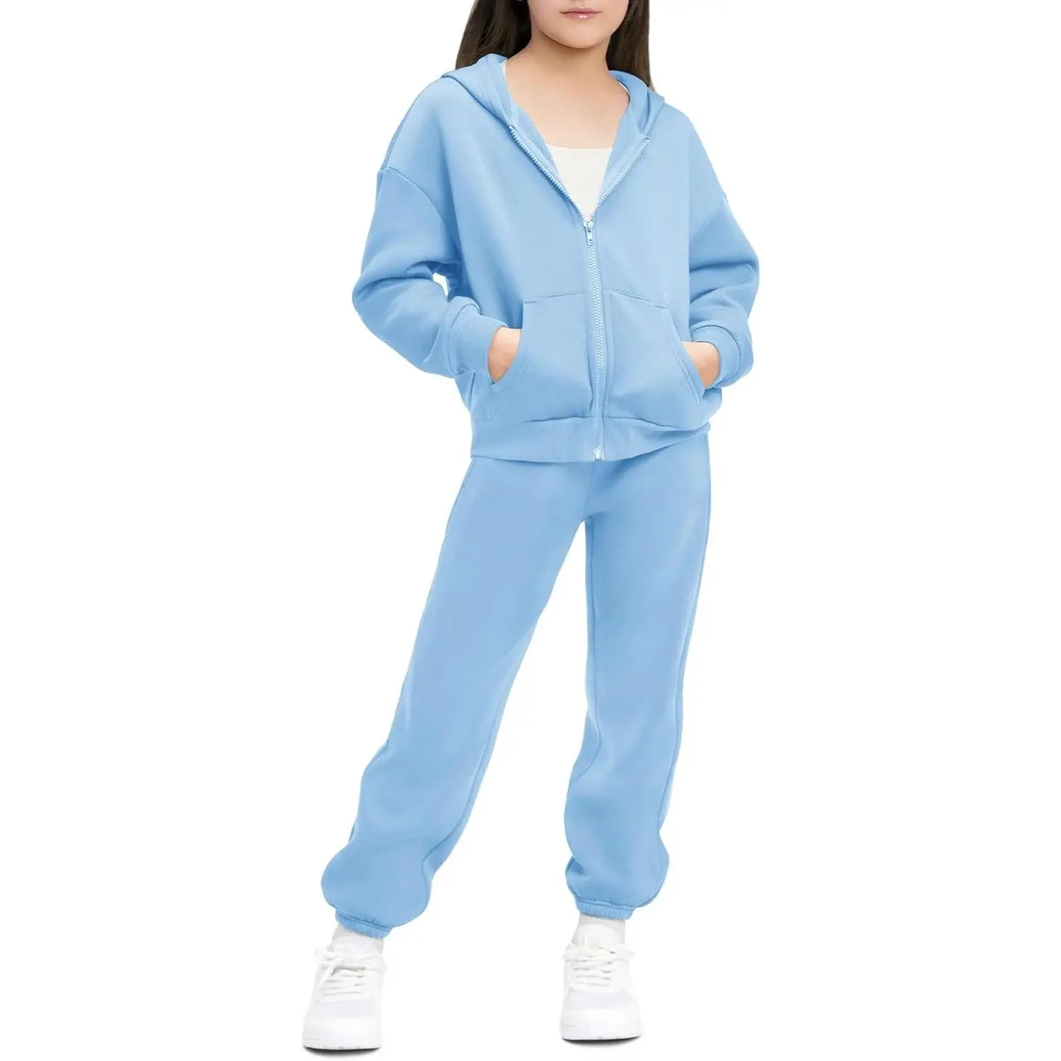 Girls' 2-Piece Fleece-Lined Casual Cotton Tracksuit Set, 5-15Y Full-Zip Hoodie with Pockets & Easy-Pull-On Joggers, Thick Warm Cozy Everyday Wear, Cotton Fabric