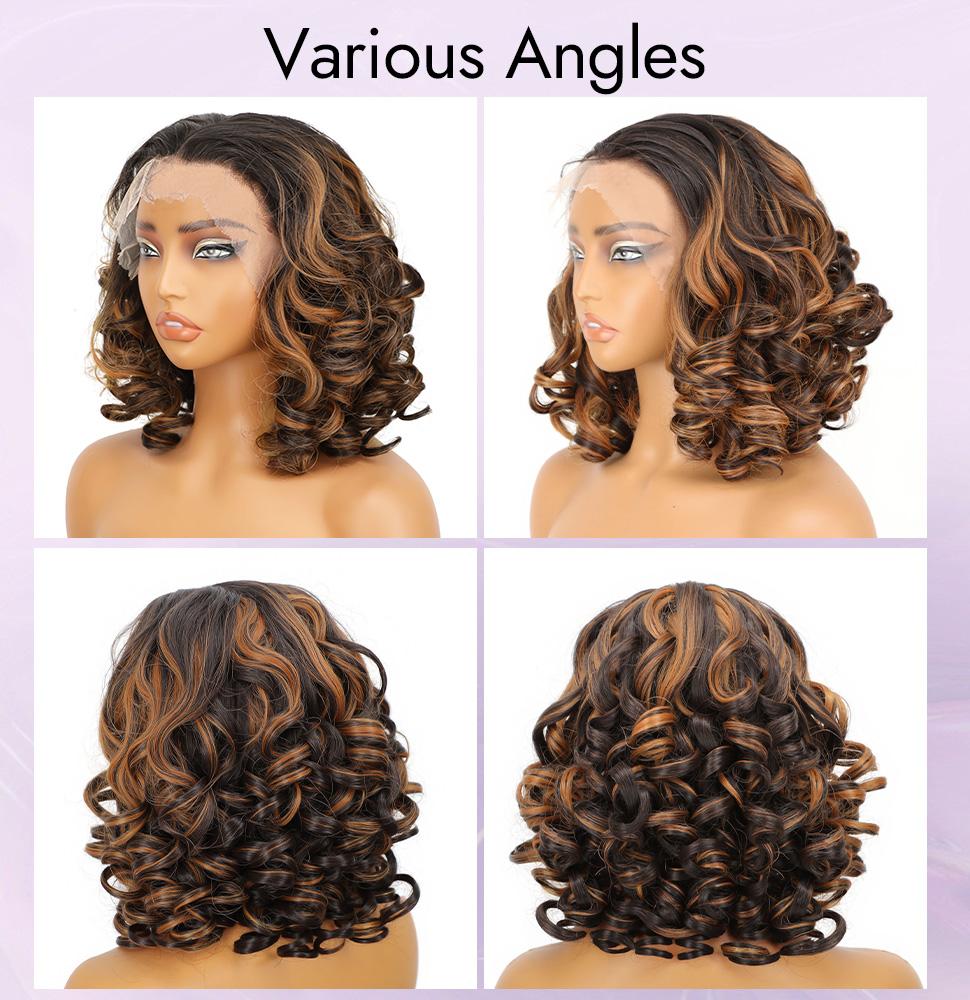[ AISI HAIR ]13X4 short Lace Front  12inch Curly large Hair wave Wigs for women, Synthetic Wig for Daily Party Use (Black with Brown HighLight)