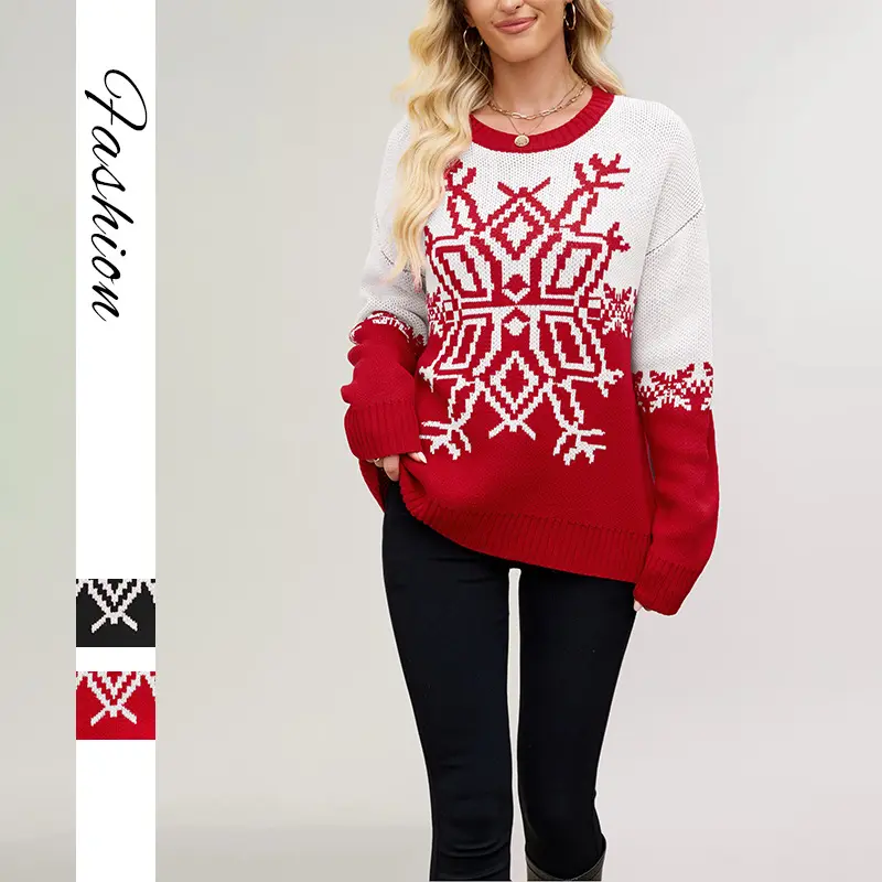 Women's Christmas Snowflake Knit Sweater, Crew Neck Long Sleeve Pullover, Cozy Nordic Holiday Pattern Casual Oversized Acrylic Sweater for Winter Christmas Party