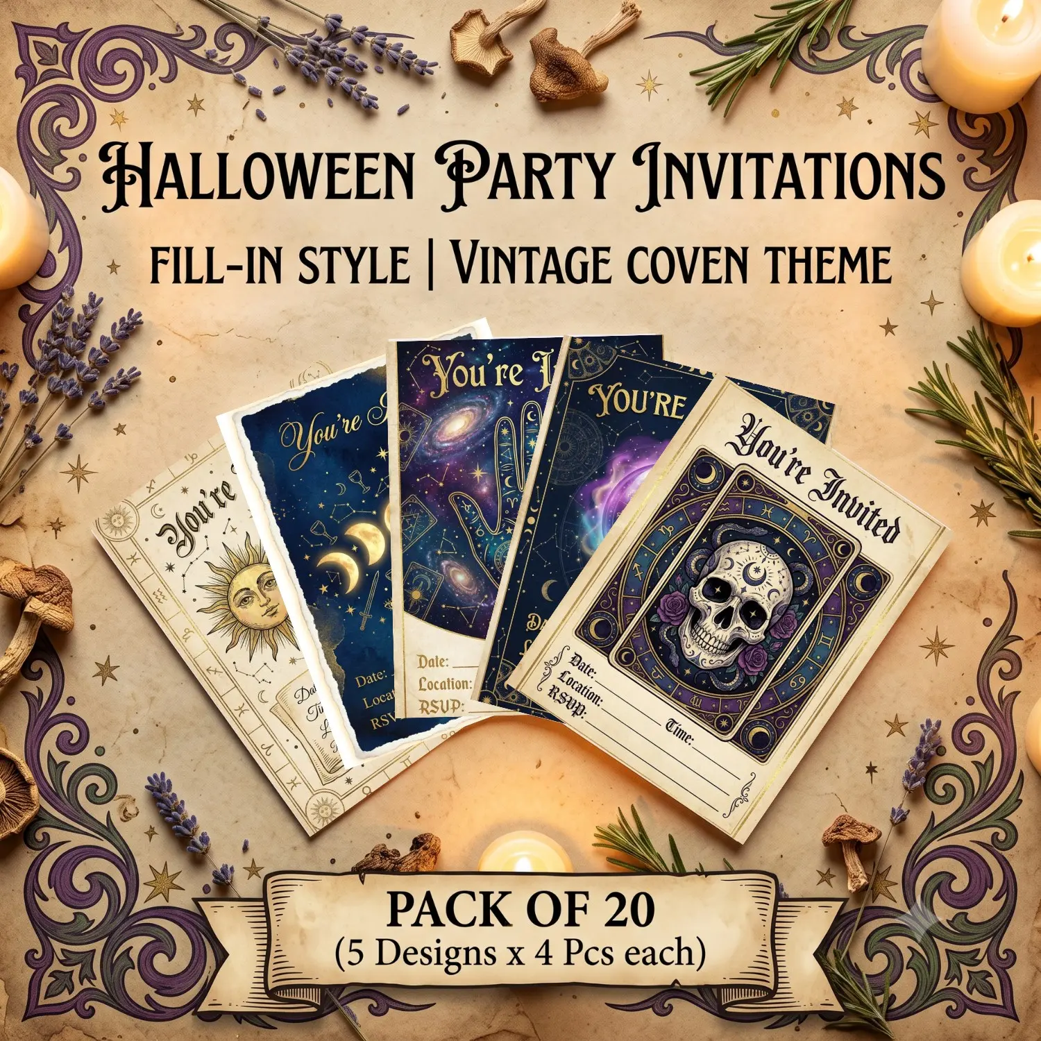 Mystic Tarot Halloween Party Invitations Set, 20 Pack 5x7 Inch Fill-In Cards with Envelopes, Perfect for Festive Celebrations