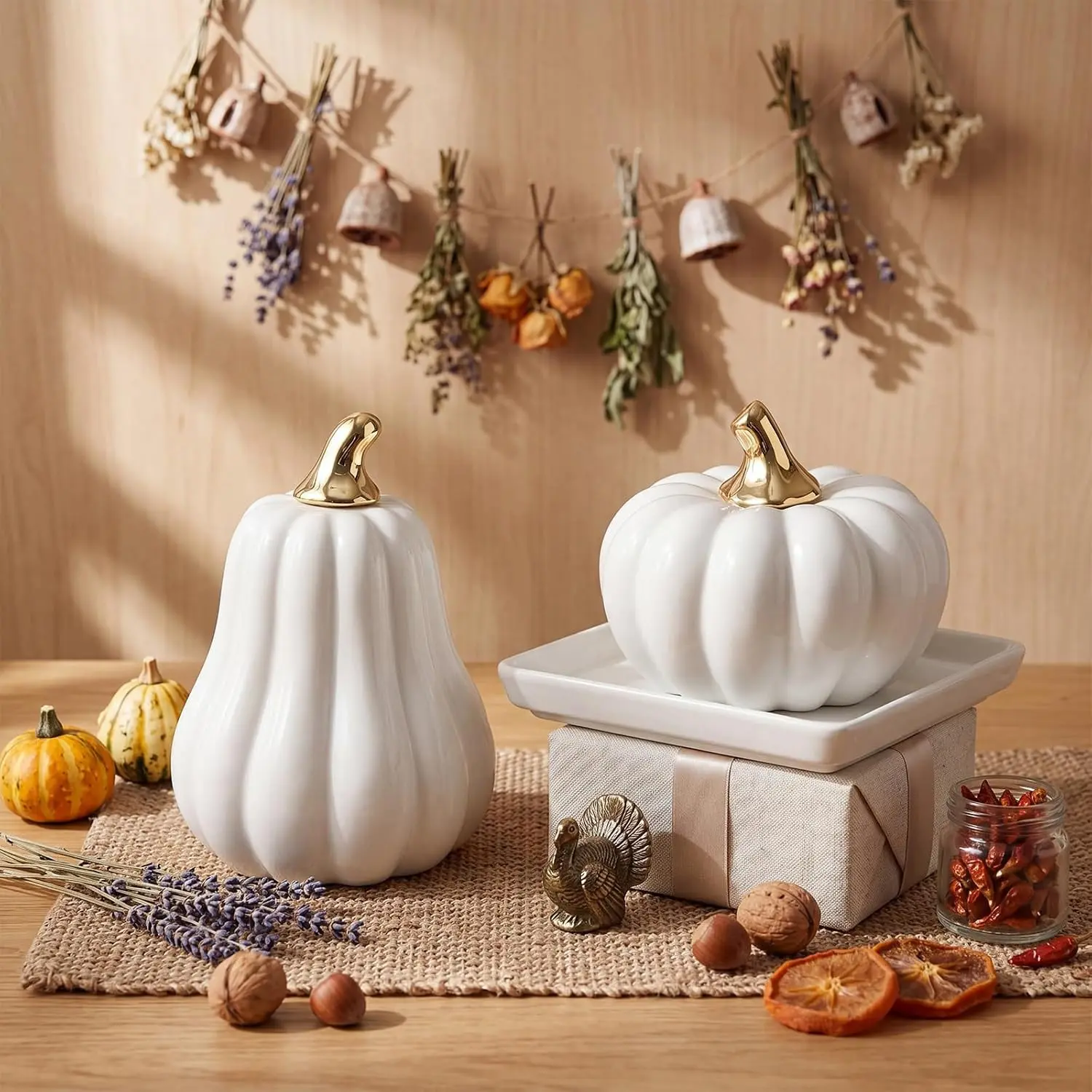 Glossy Ceramic Pumpkin Desktop Decor, Elegant Gold Stem, Variants, Autumn Atmosphere, Halloween Christmas Home Decor, Table Decor