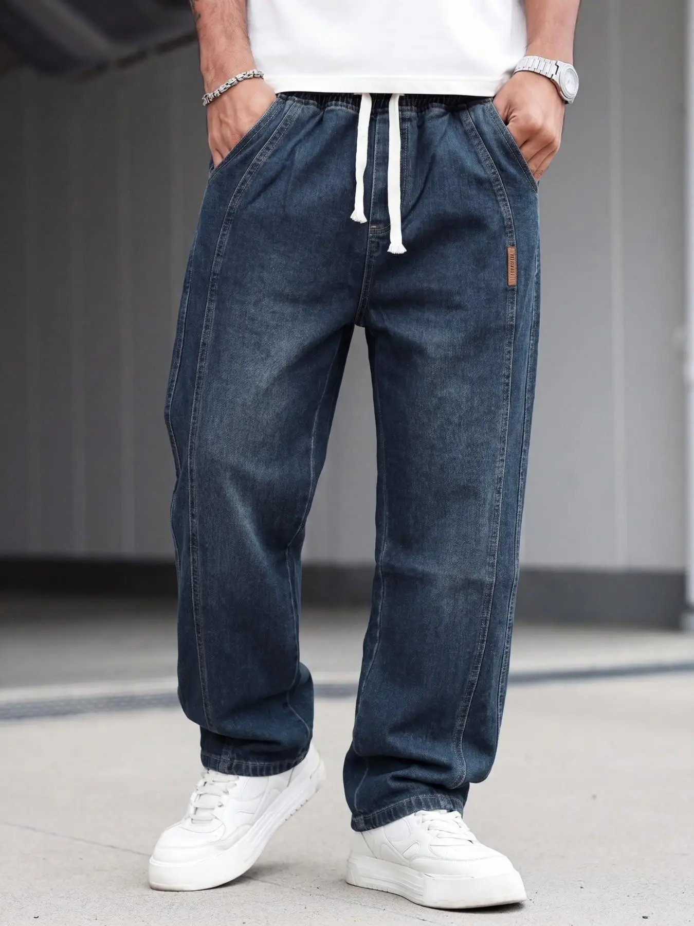 Men's Elastic Waist Drawstring Jeans with Pocket, Deep Wash Loose Straight Leg Pants, Streetwear Style Casual Denim Trousers, All Seasons Fitted Jeans, Plain Jeans Pants, Casual Comfy Jeans