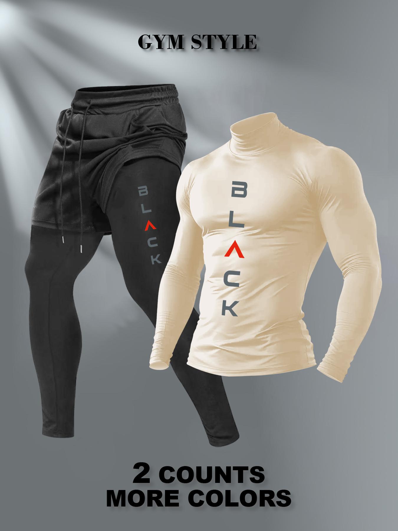 Men's High Neck Warm Long Sleeve T-Shirt + Faux Two-Piece Pants Set, Casual Fashion, Fall & Winter Wear, Comfortable and Stylish