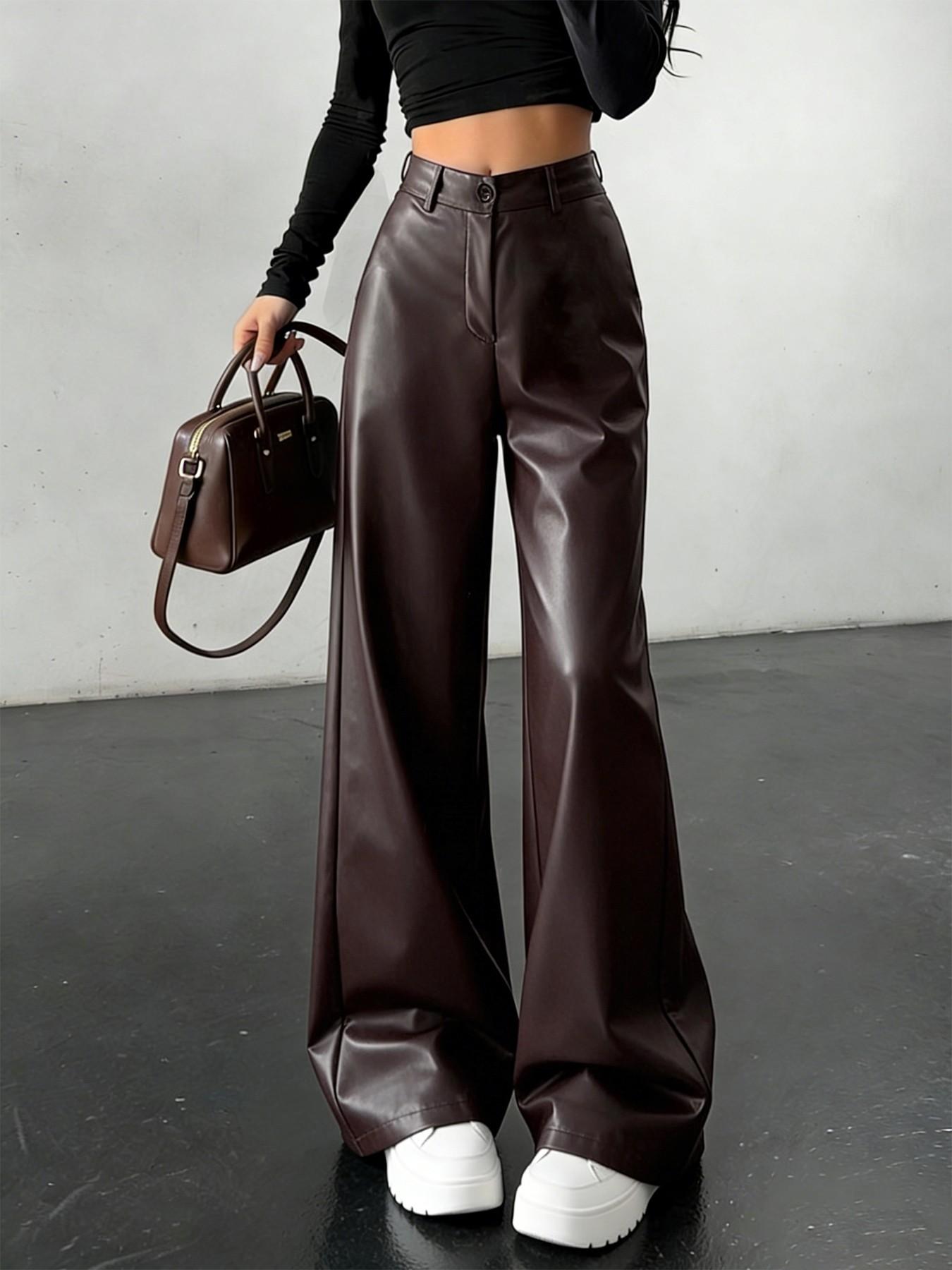 Trendy High-Waisted Wide-Leg Leather Pants, Slimming Straight-Cut Design, Streetwear Versatile Long Trouser, Fall & Winter Fashion