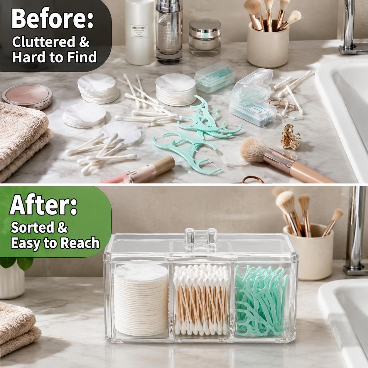 1PCS Clear Acrylic Cotton Pad & Qtip Holder with Lid, 3-Compartment Dustproof Odorless Makeup Organizer for Cotton Balls, Swabs, Beauty Sponges, Powder Puffs, Floss Picks, Bathroom Vanity, Dressing Table, Desk & Skincare Storage