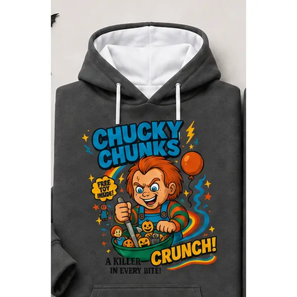 Unisex Retro Horror Cereal Parody Graphic Hoodie, Funny Spooky Cartoon Breakfast Themed Long Sleeve Sweatshirt, Halloween Casual Streetwear Top, Halloween Gift