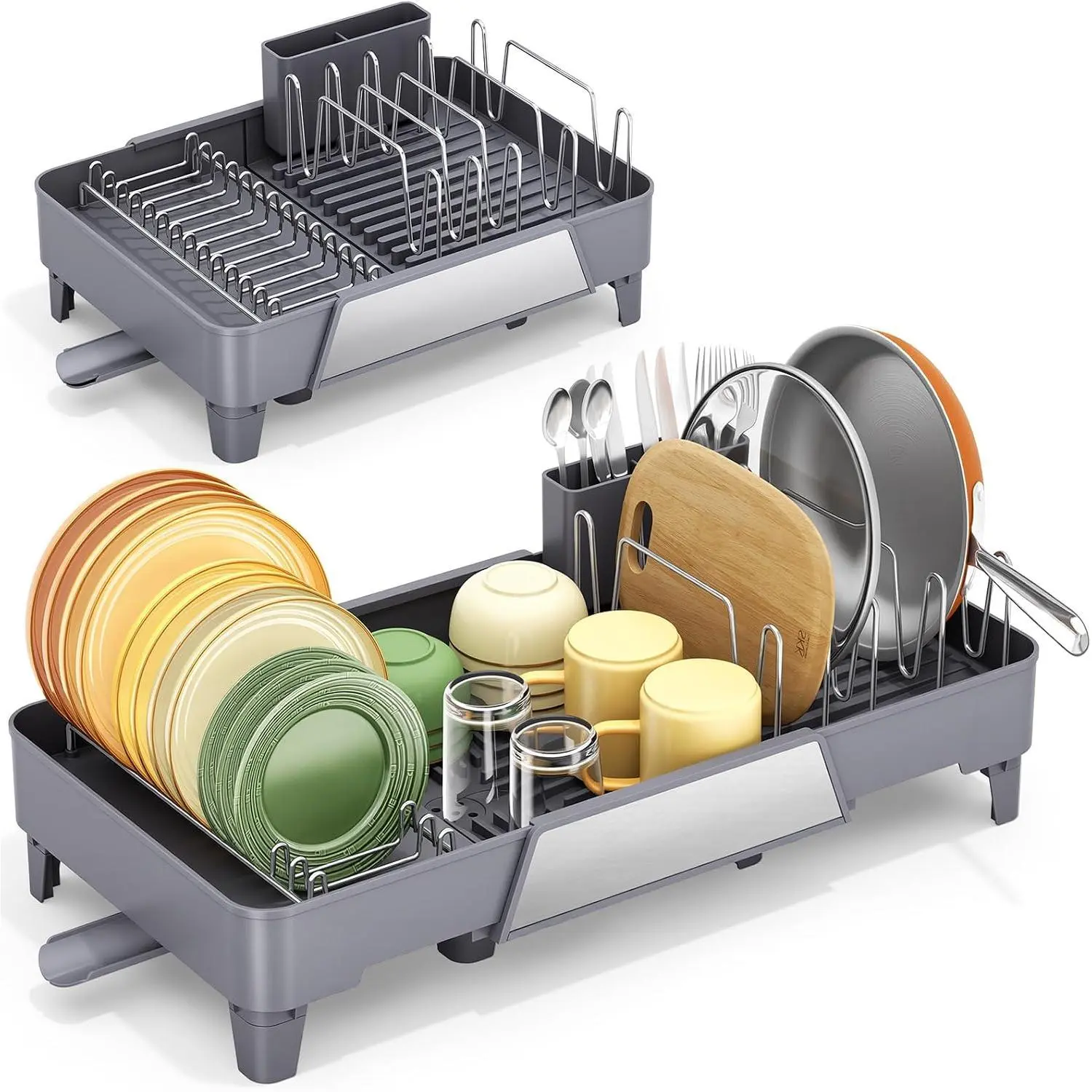 Gray Large Capacity Dish Drying Rack Organiser - Expandable Kitchen Utility Functional Rack (16.3-23.6 in L), Stainless Steel Anti-Rust, with Drainboard, Utensil Holder & Auto Drainage, Easy to Install, Sink-Fit