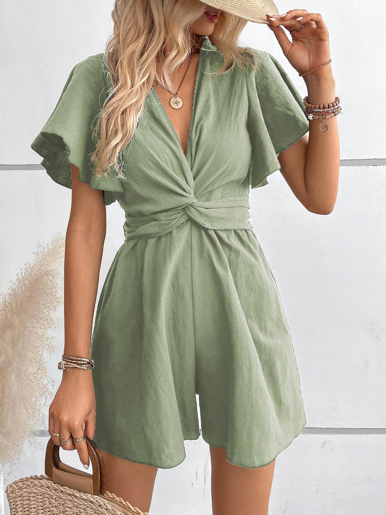Women's Twist Butterfly Sleeve Romper, Casual Chic V Neck High Waist Wide Leg Jumpsuit, Ladies Summer Clothes for Daily Wear Womenswear Vneck