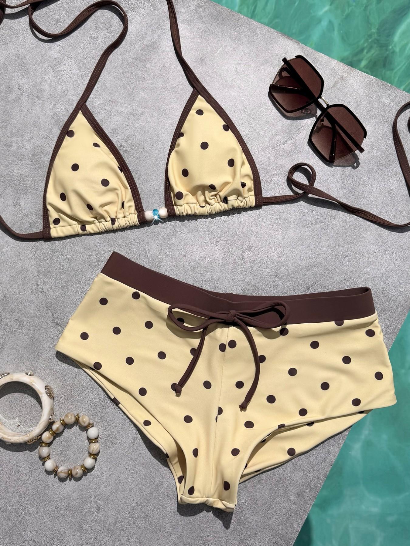 Women's Swimsuit bikini,retro yellow polkat  Print vintage colour block swimsuit pants summer sets for/Going Out Outfits/Birthday Outfit/Casual/Y2k/2000s/Y2k Clothes /Classy/Old Money/Streetwear/Vacation Outfits/girls beachwear