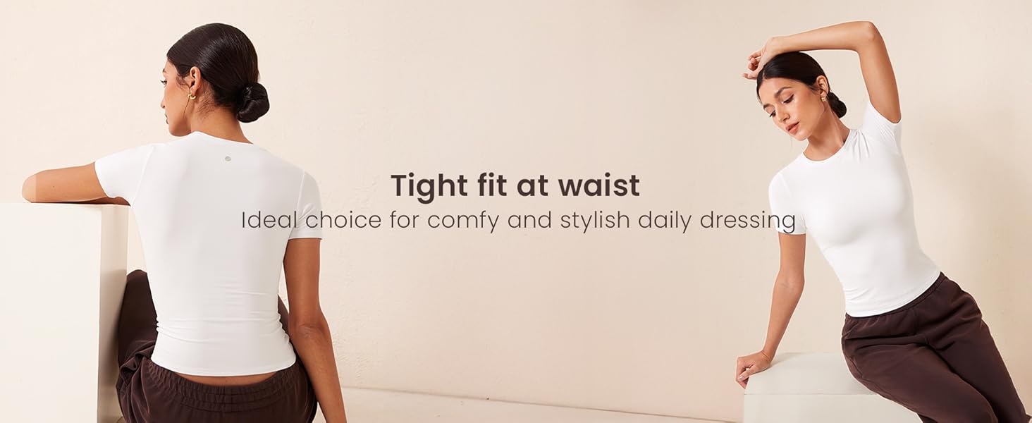 CRZ YOGA Softembrace Short Sleeve Going Out Tops for Women Soft High Crew Neck Casual Tight Shirts Fitted Basic T-Shirts