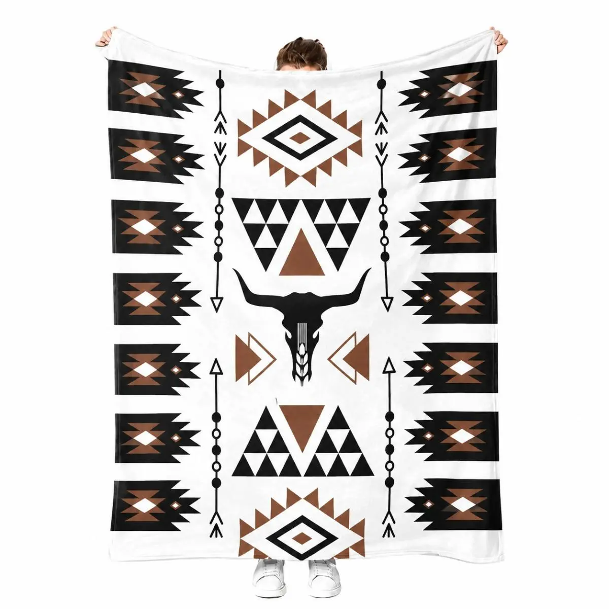 Western Boho Cowboy Skull Blanket, Aztec Geometric Longhorn Bull Print Throw Blanket for Couch Sofa Bedroom Decor, Rustic Farmhouse Style Gift for Men Women Adults